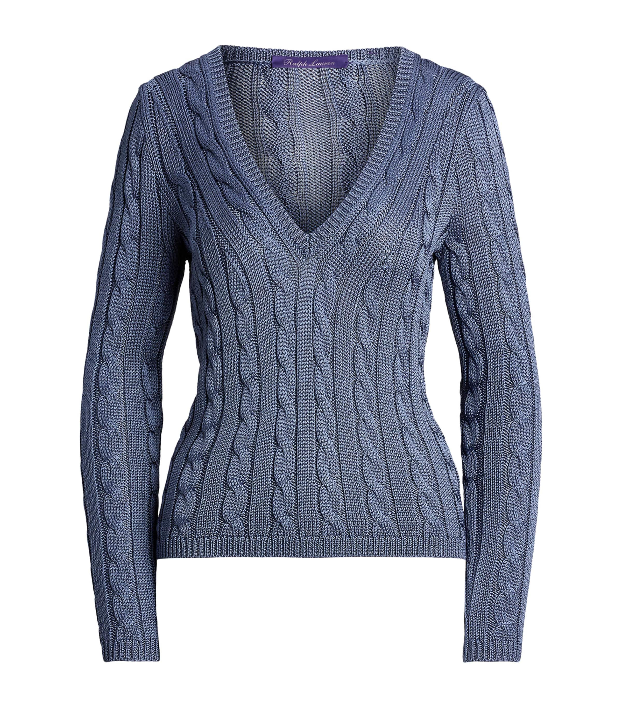 Ralph Lauren Silk Cable-knit V-neck Sweater In Blue