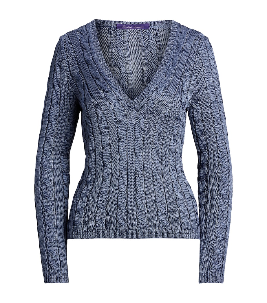Silk Cable-Knit V-Neck Sweater CORNFLOWER Image 1