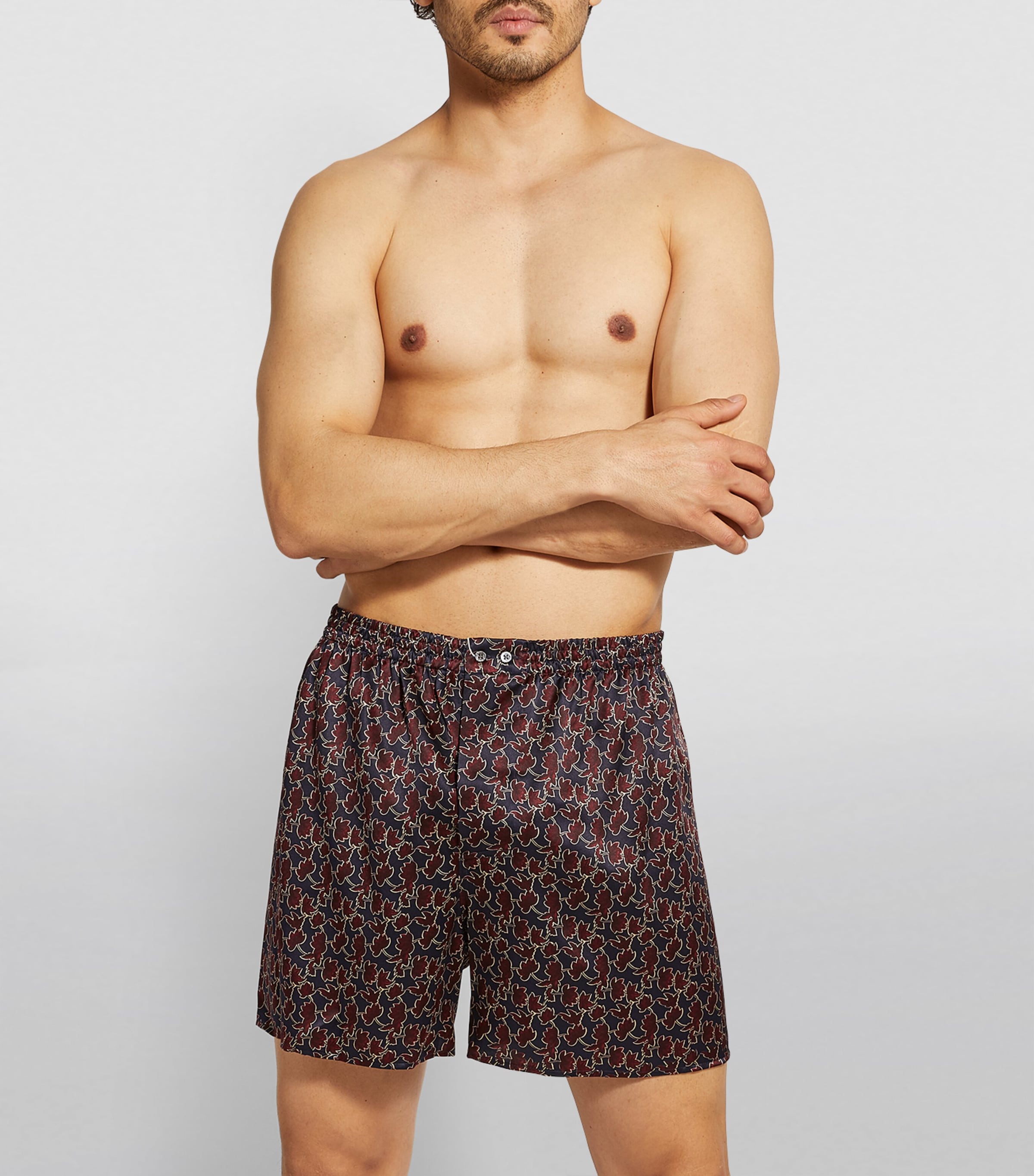 Silk Leaf Print Boxer Shorts 914 NAVY RED Image 2