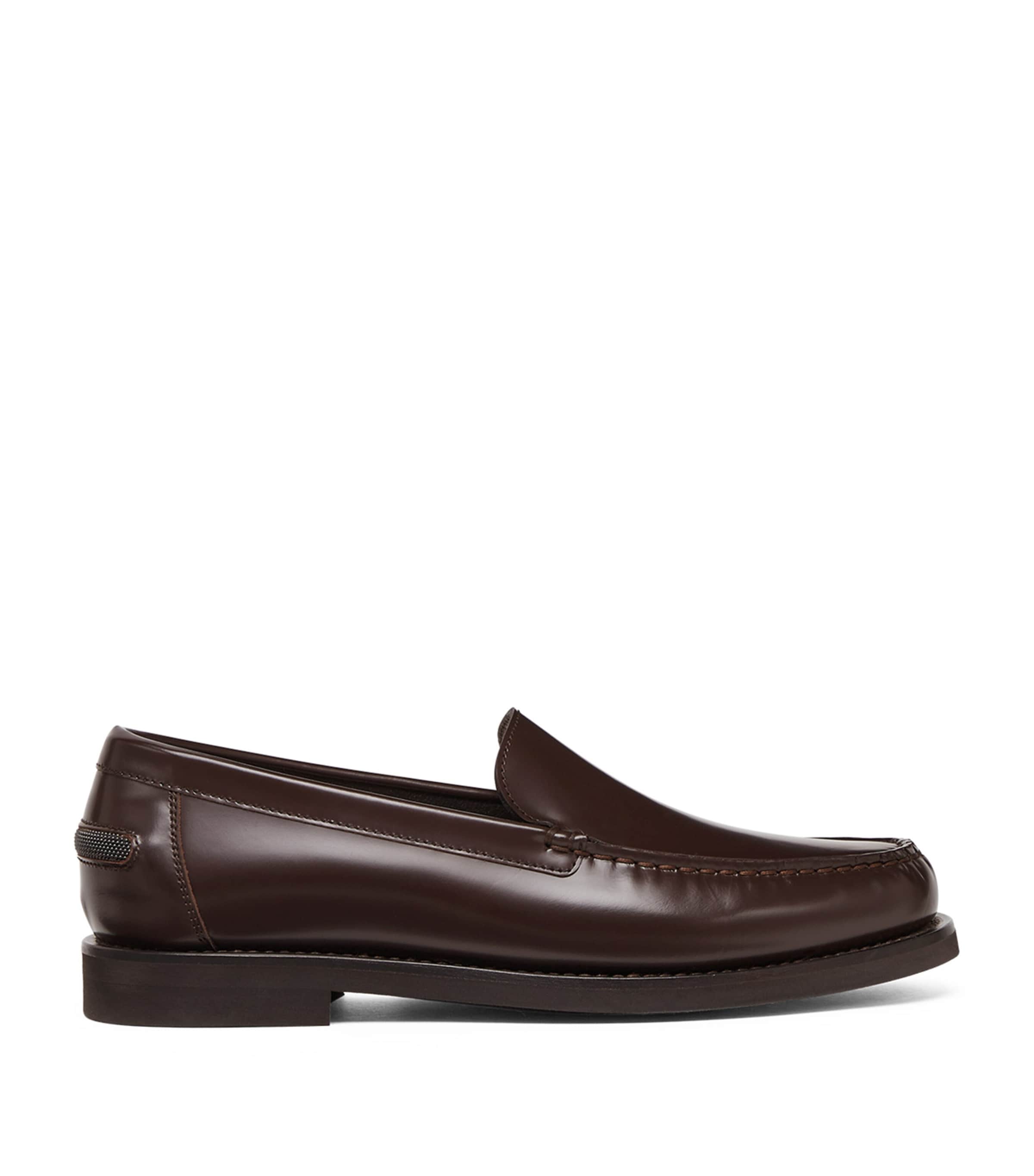 Brunello Cucinelli Round Toe Leather Loafers With Stitched Detailing In Brown