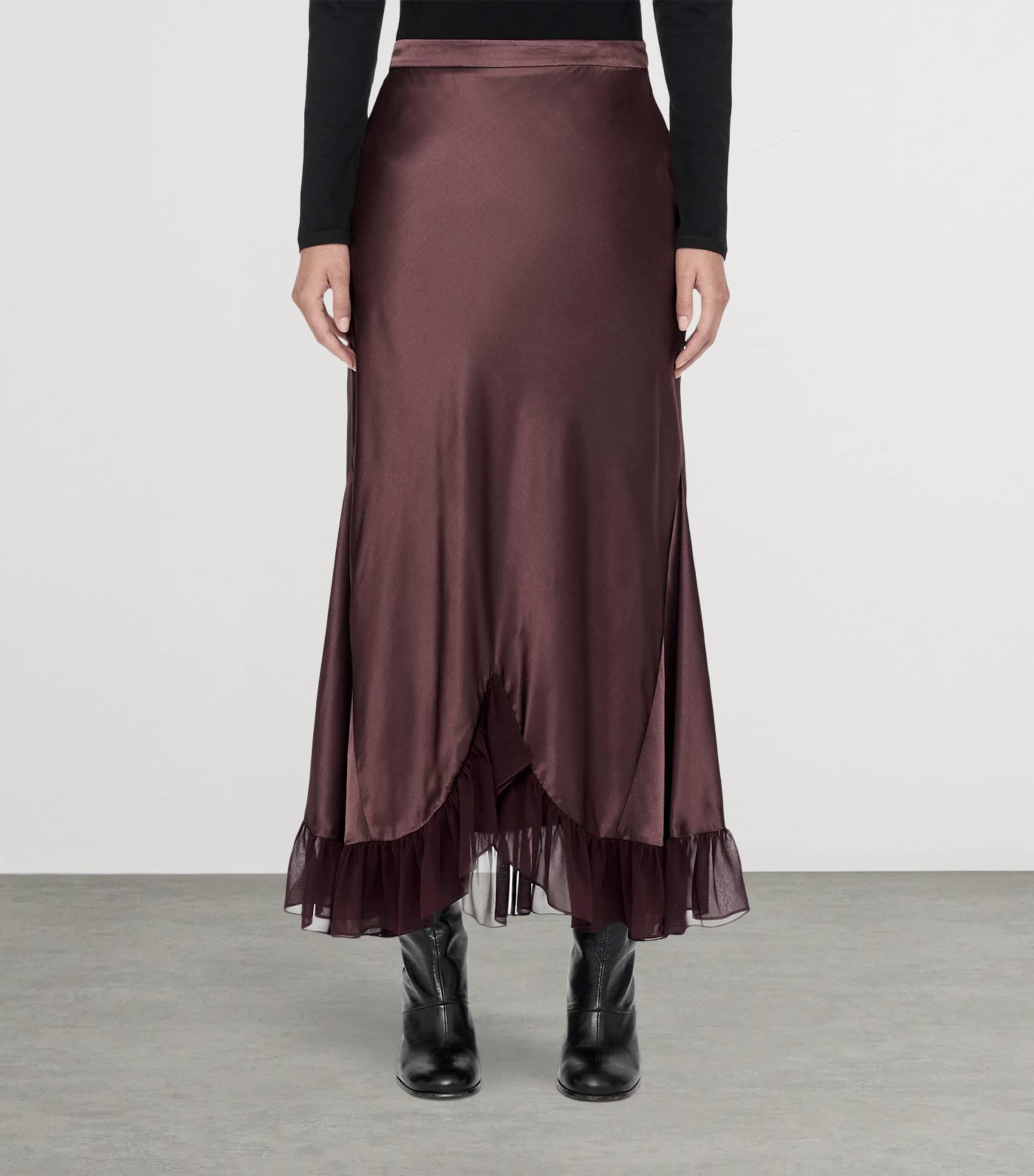AllSaints Womens Satin Ruffle-Hem Irma Skirt Oxblood Red Image 3