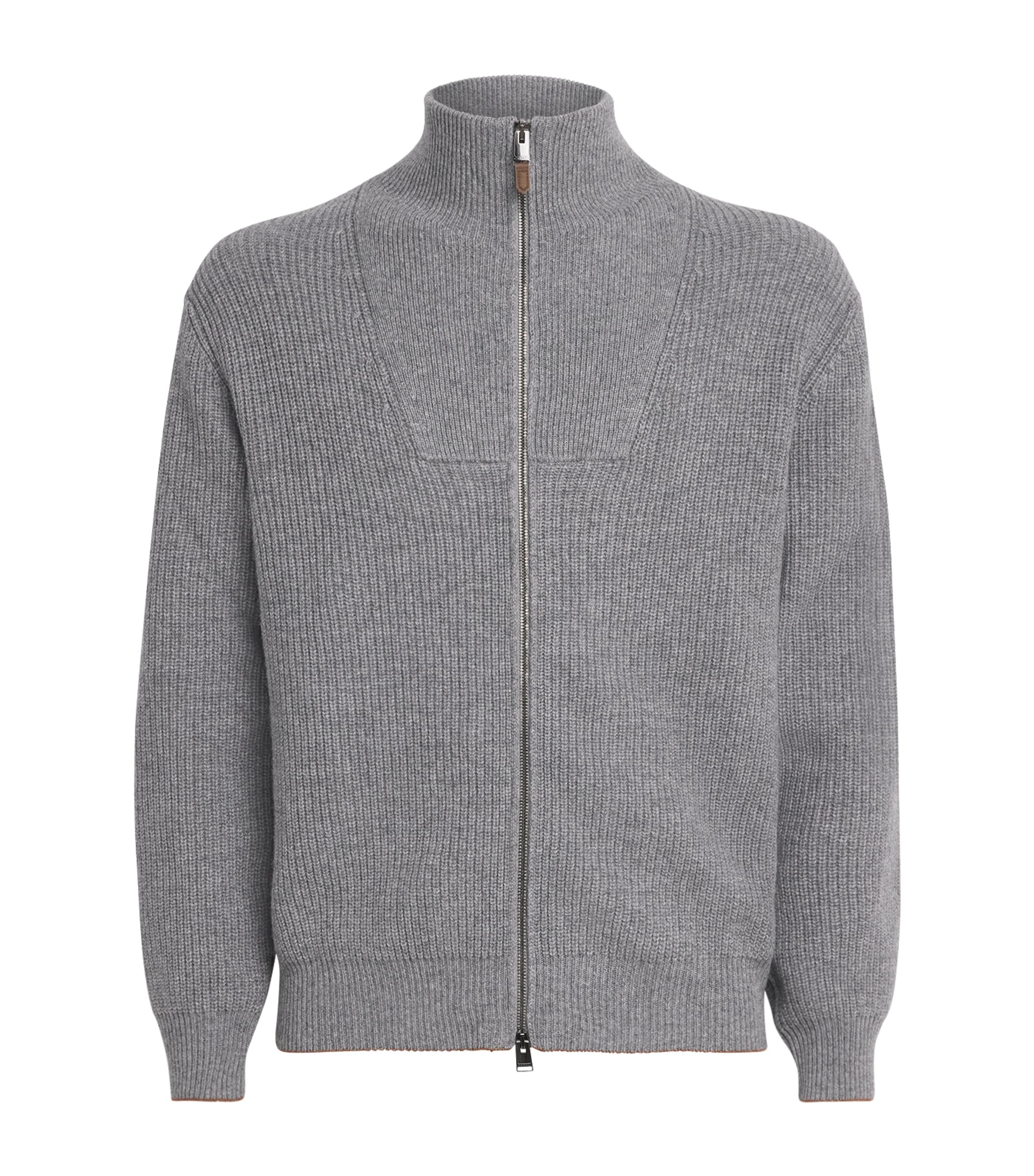 Canali Mens Wool-Cashmere High-Neck Zip-Up Cardigan Grey Image 1