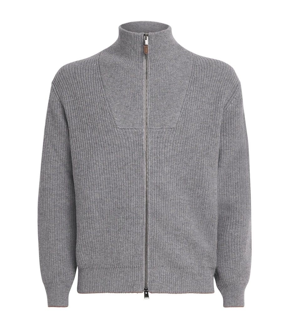 Canali Mens Wool-Cashmere High-Neck Zip-Up Cardigan Grey Image 1