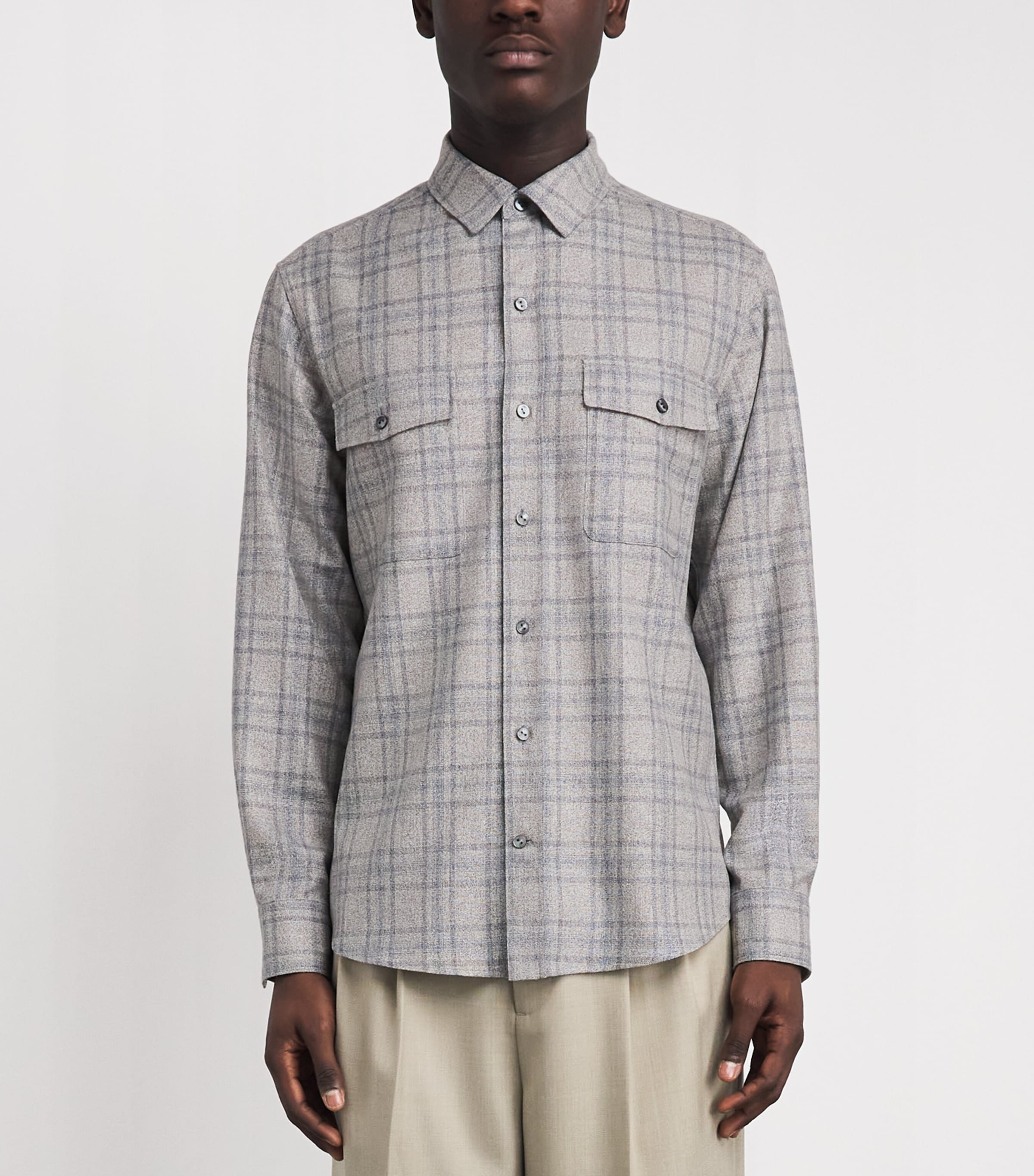 Agnona Mens Silk-Wool Check Shirt Grey Light Blue Image 4