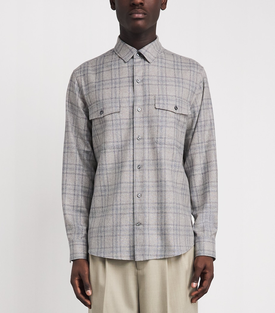 Agnona Mens Silk-Wool Check Shirt Grey Light Blue Image 4
