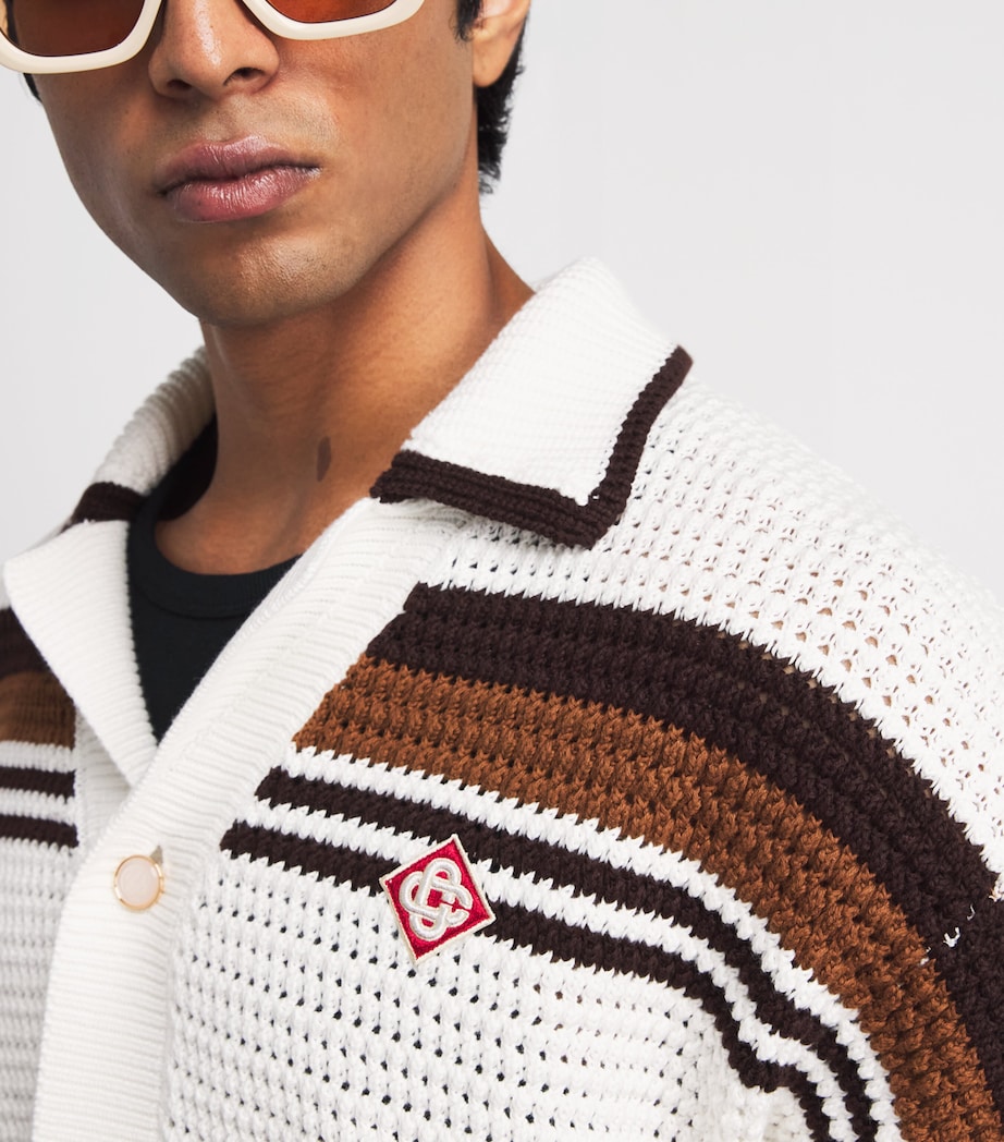 Casablanca Mens Cotton Crochet Tennis Stripe Polo Shirt White / Brown Image 3