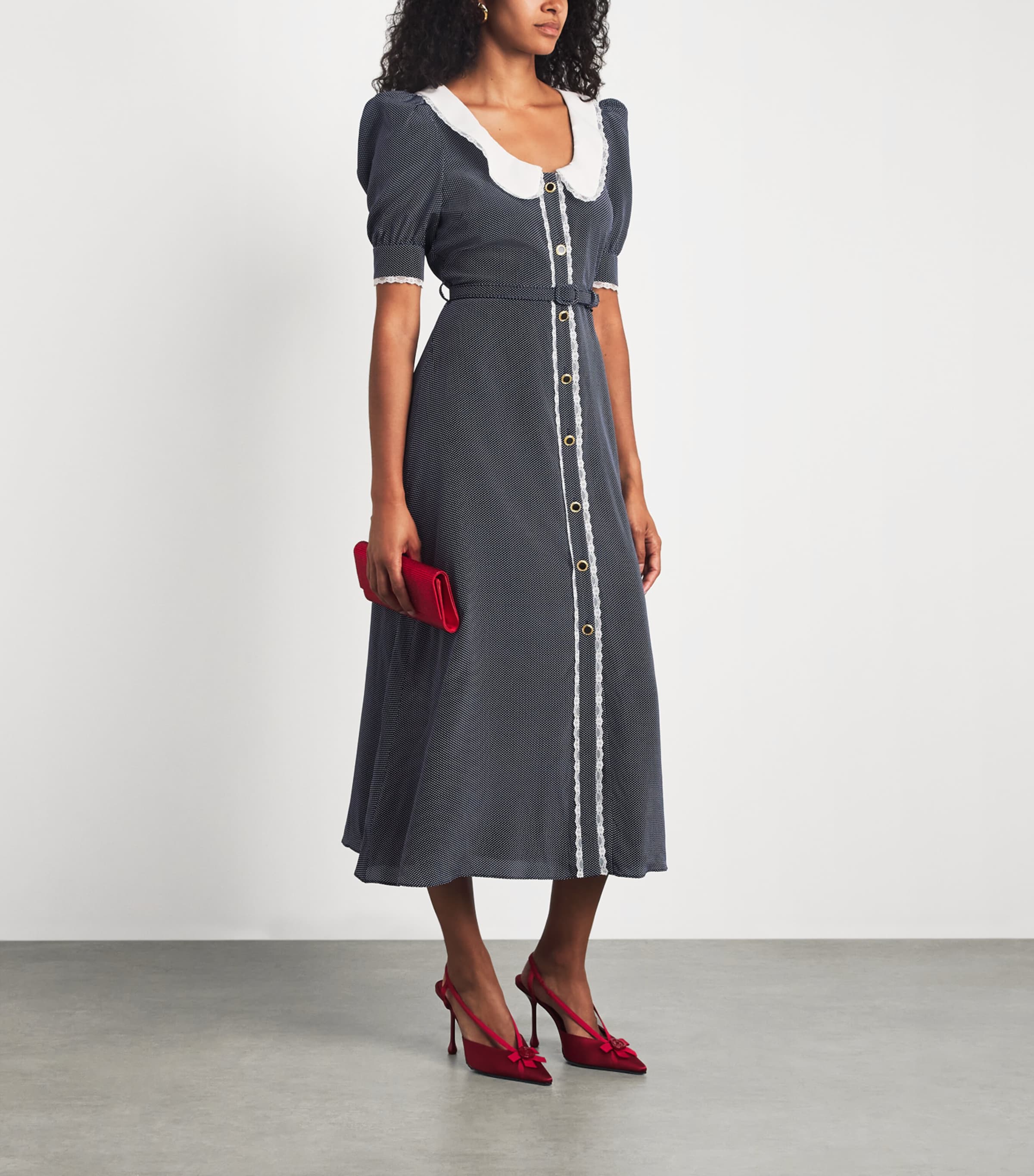 Alessandra Rich Womens Silk Printed Midi Dress Navy Blue White Image 2