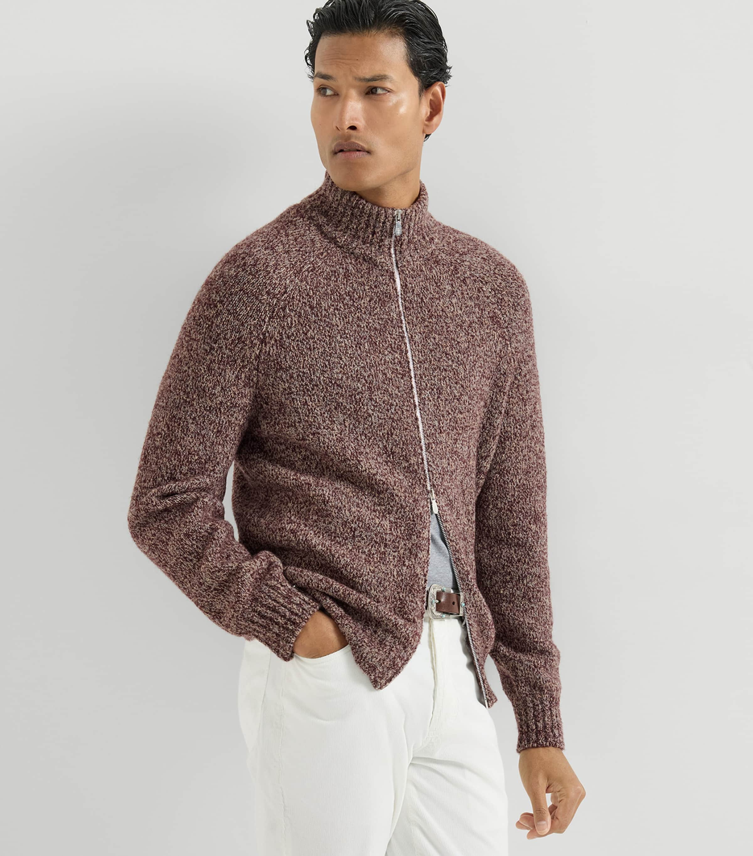 Brunello Cucinelli Mens Virgin Wool-Silk-Cashmere Cardigan Burgundy Image 4