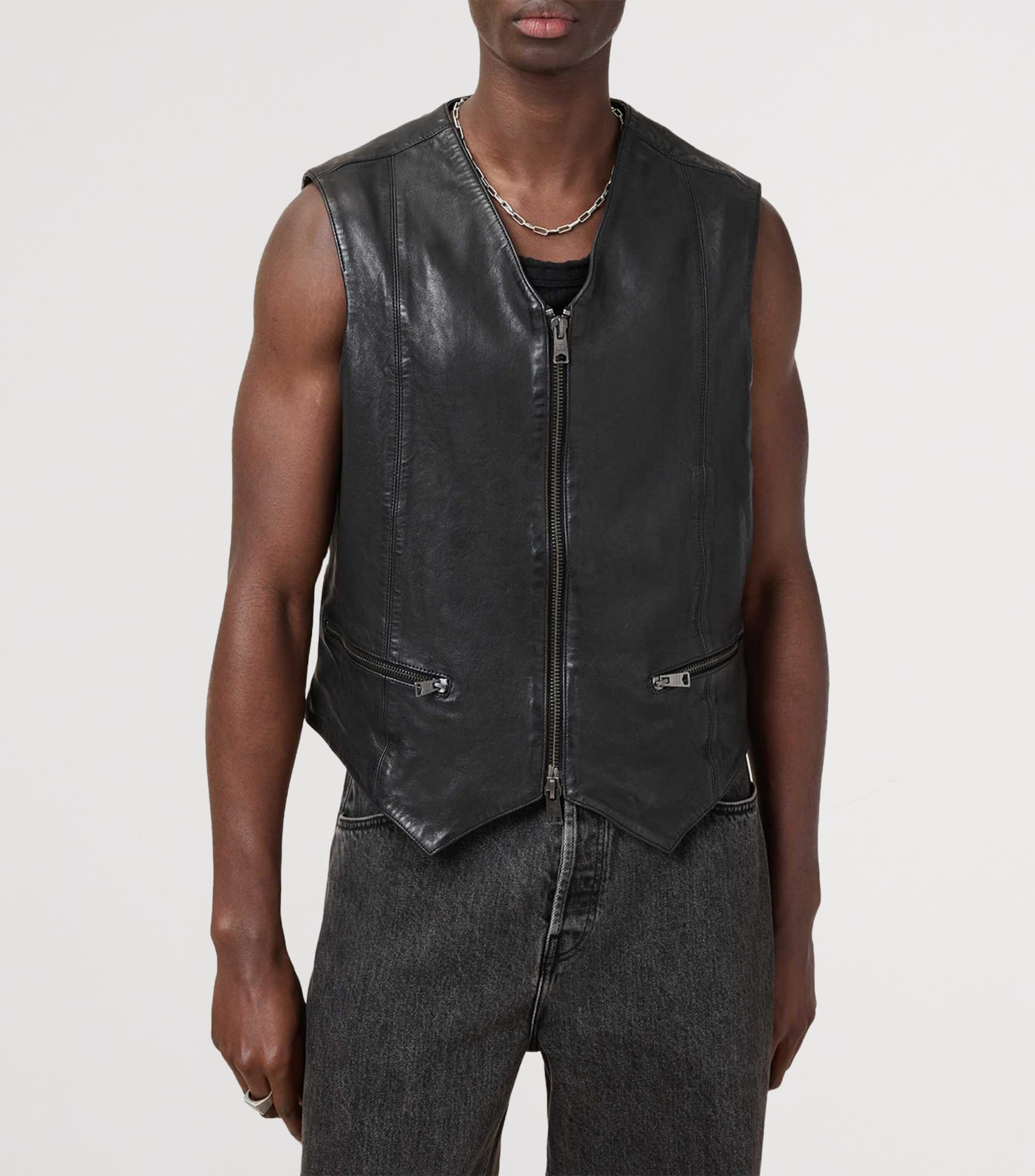 AllSaints Mens Leather Davies Waistcoat Black Image 9