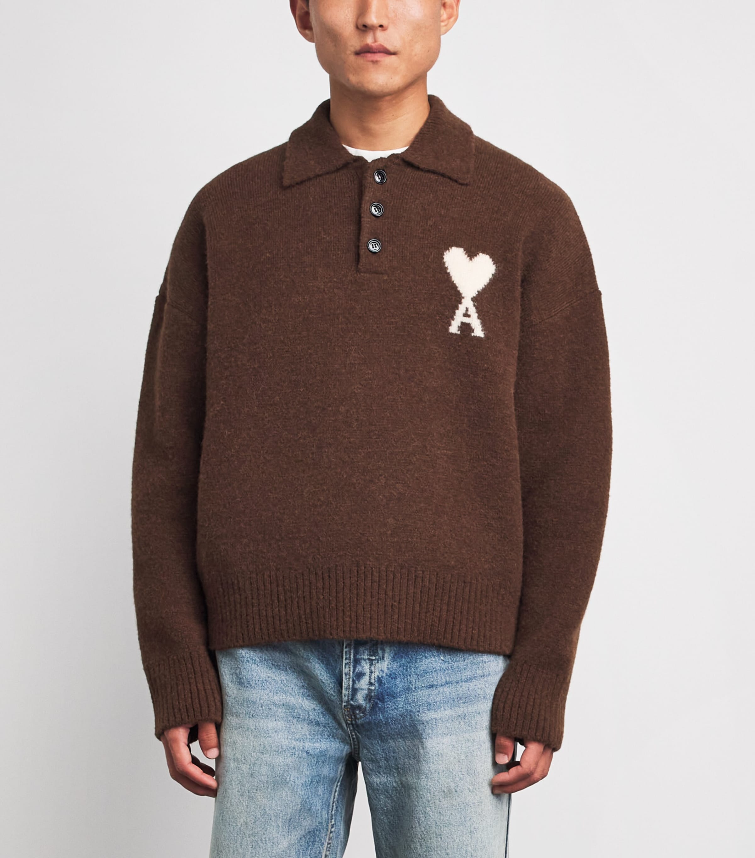AMI Paris Mens Ami de Coeur Polo Sweater Mrron Choc/ecru Image 4