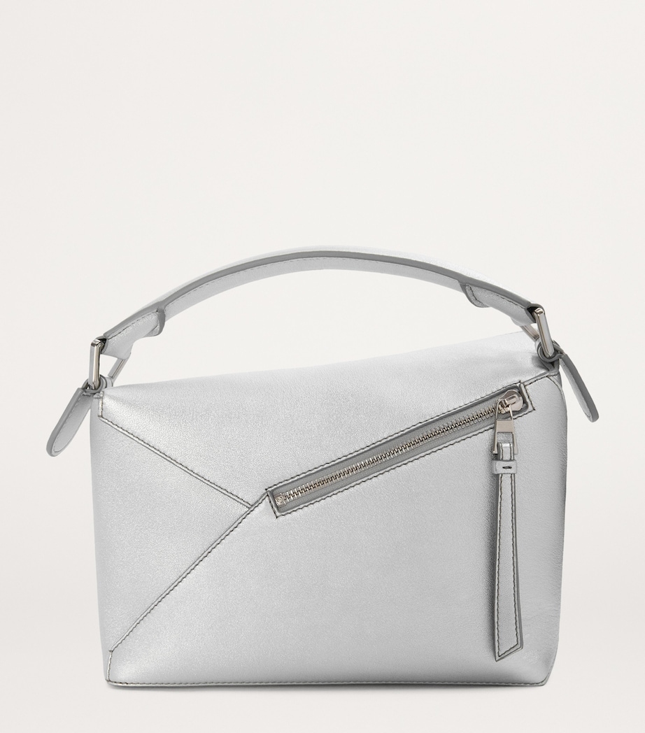 Small Metallic Leather Puzzle Top-Handle Bag SILVER Image 4