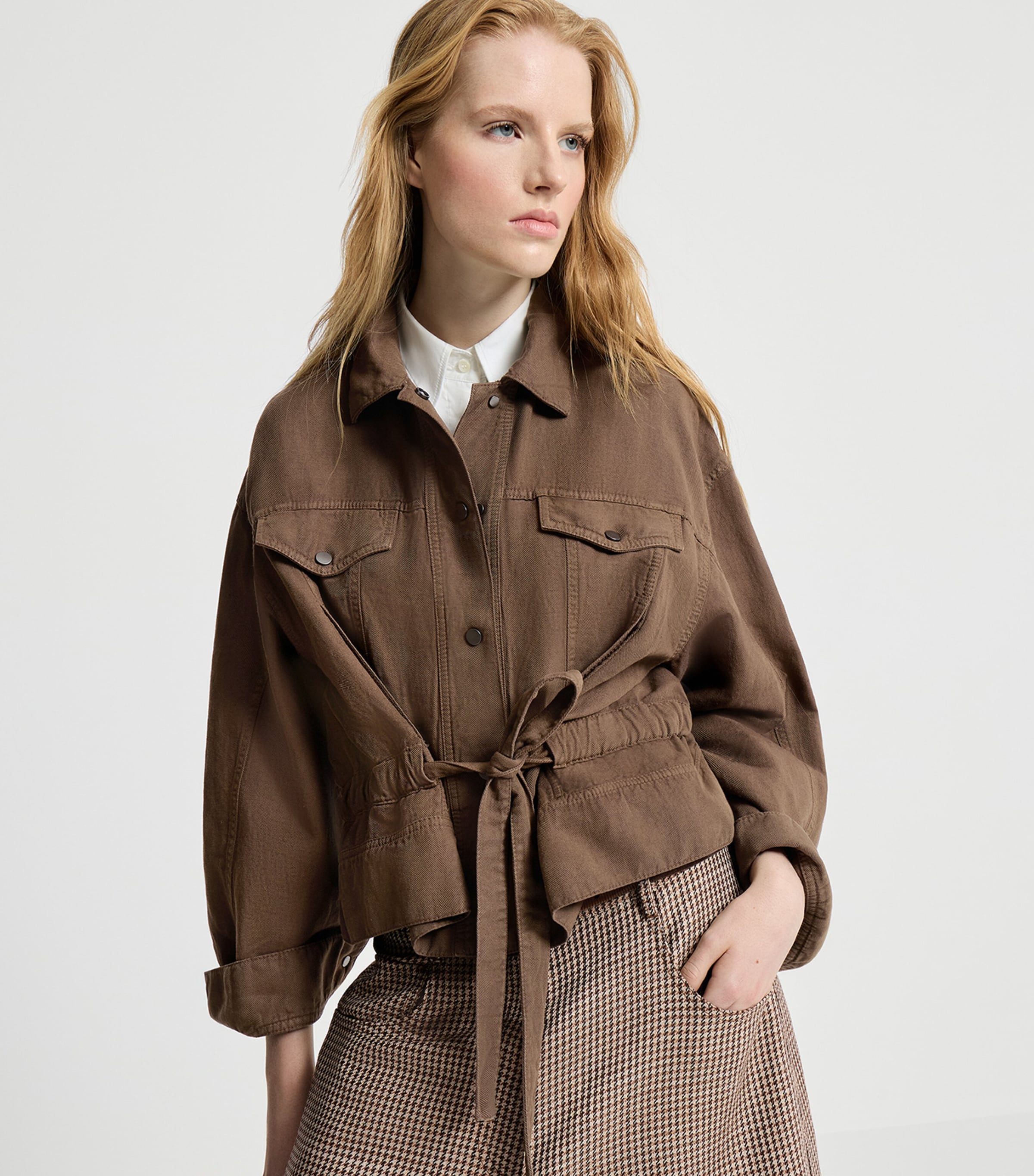 Brunello Cucinelli Womens Cotton-Linen Waist-Tie Jacket Dark Brown Image 2
