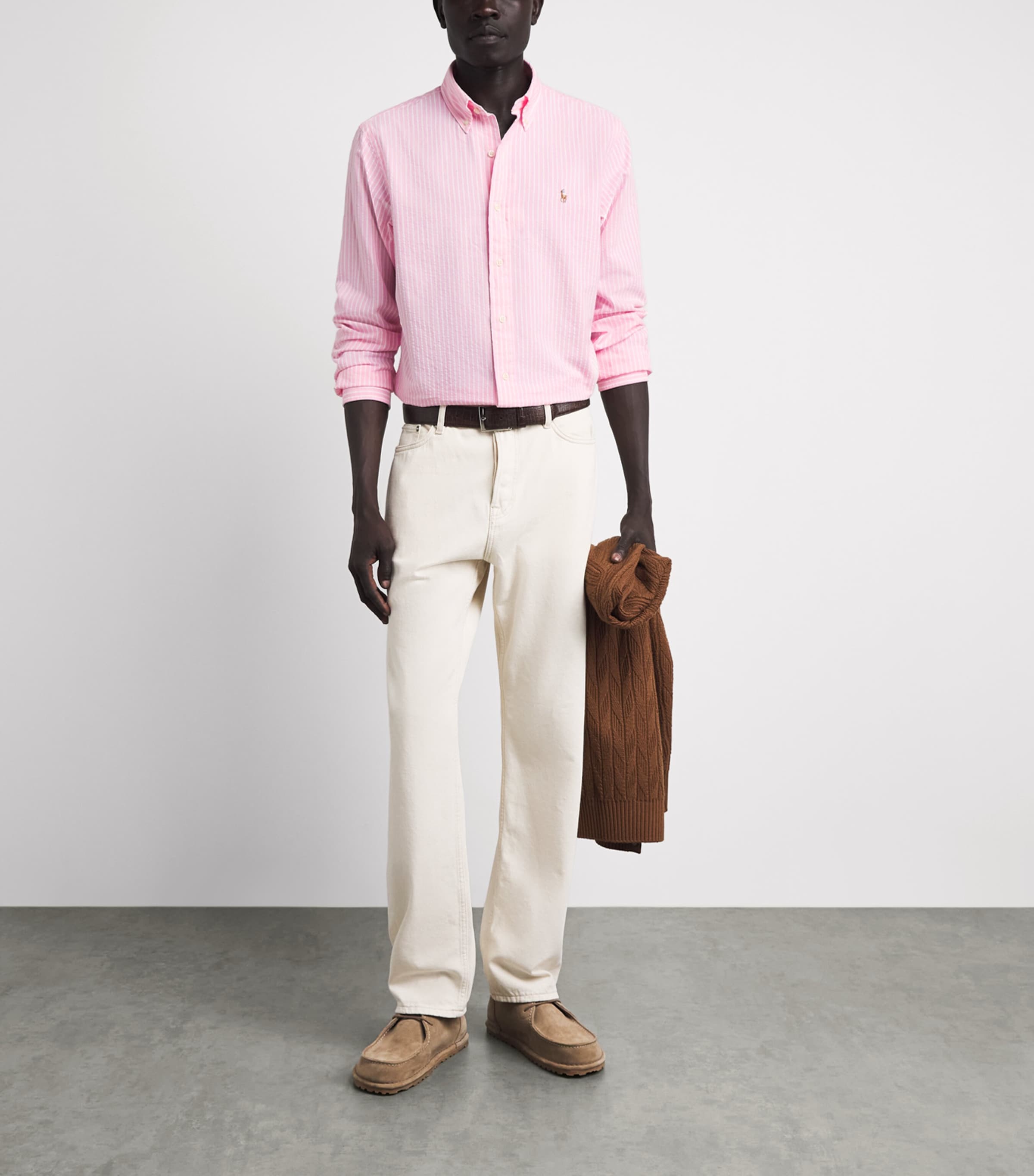 Polo Ralph Lauren Mens Cotton Seersucker Stripe Shirt New Rose White Image 2