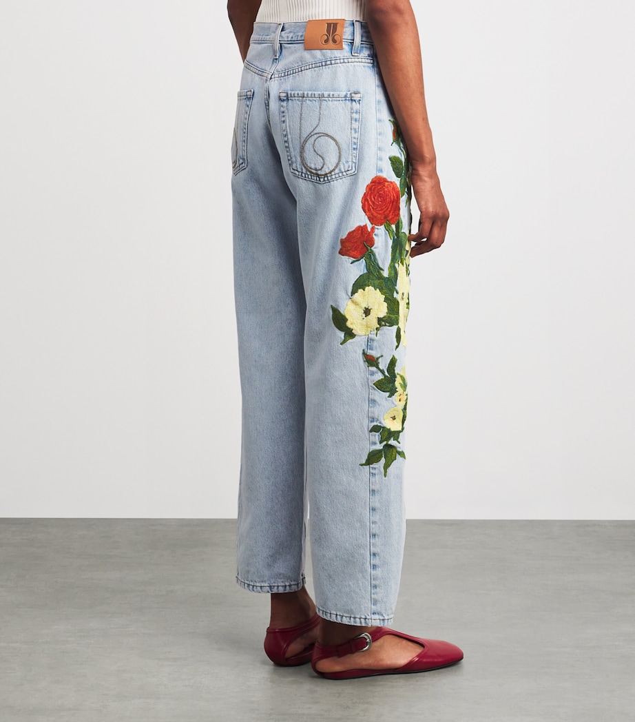 La Doublej Womens Floral Appliqué Barrel-Leg Jeans Mlti Rd/cmn/grn Image 4