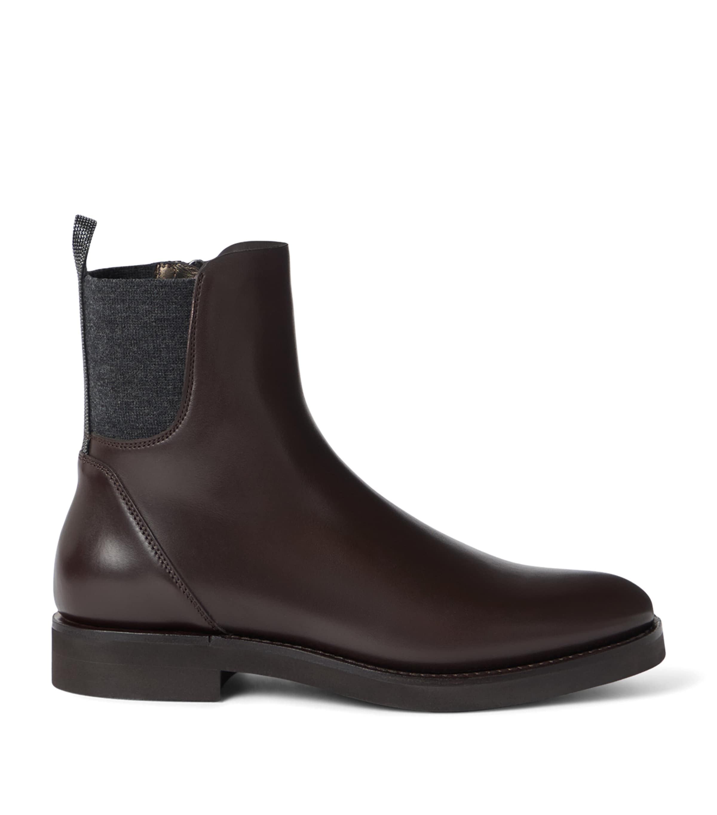 Brunello Cucinelli Matt Leather Chlesea Boots With Shiny Detail Shoes In Brown