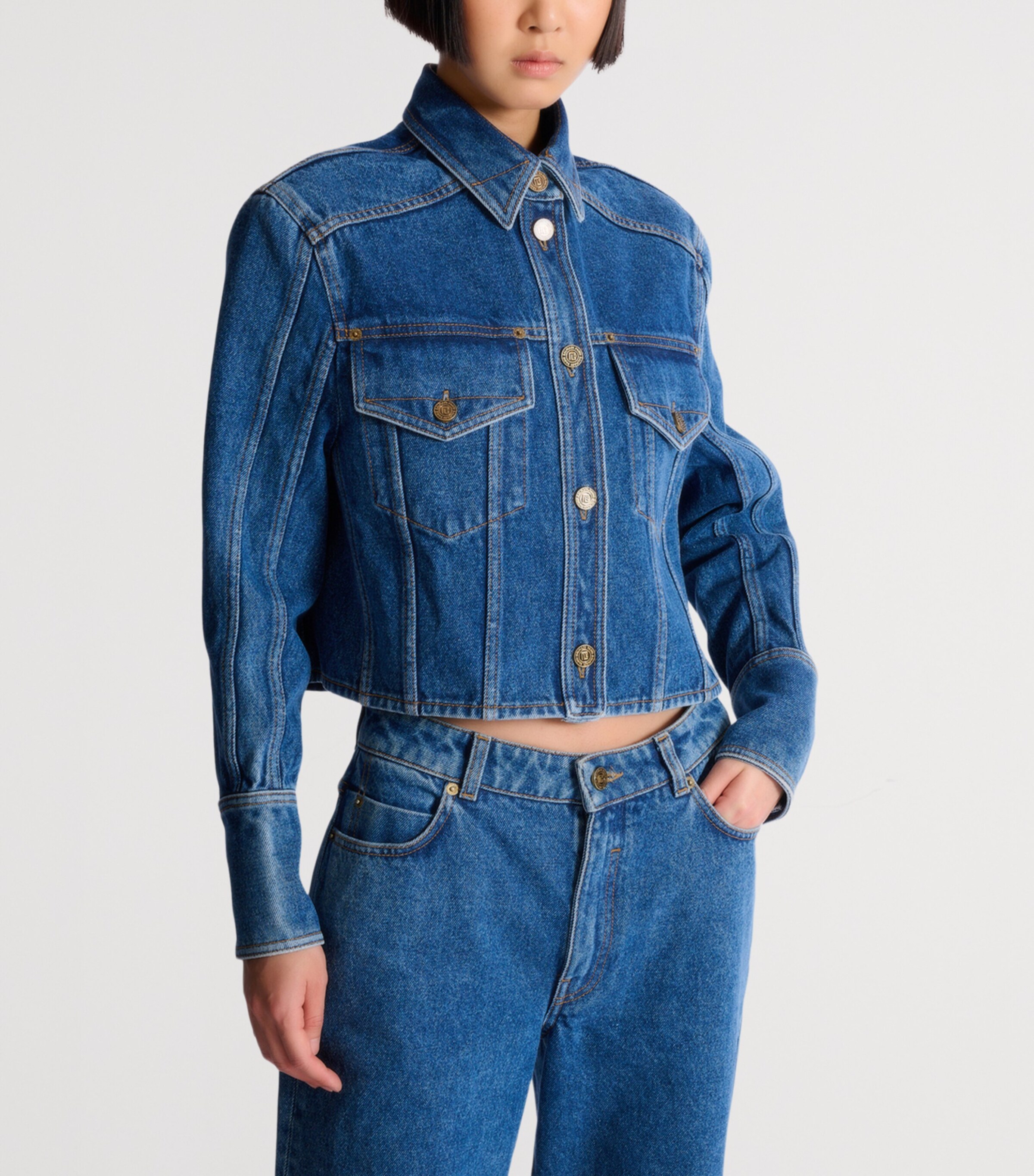 Cropped Faded Denim Jacket 6EX BLEU JEAN FONCE Image 5