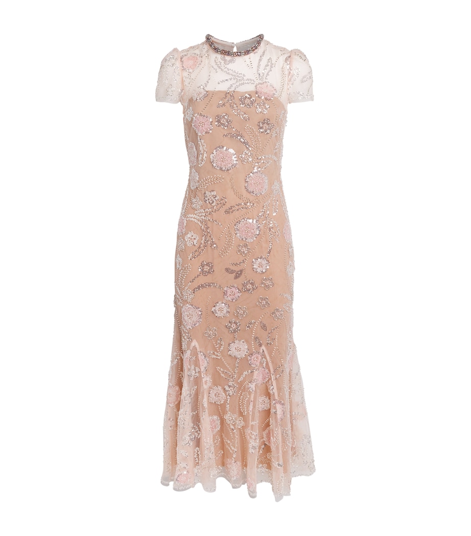 Self-Portrait Womens Sequinned Flower Midi Dress Pink Image 1