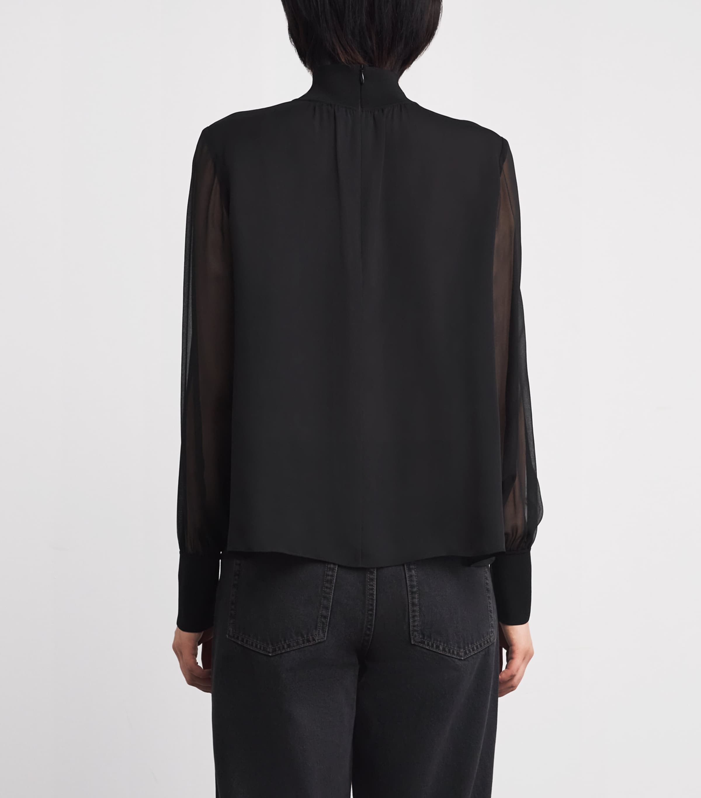 Silk Sheer-Sleeve Blouse BLACK Image 4