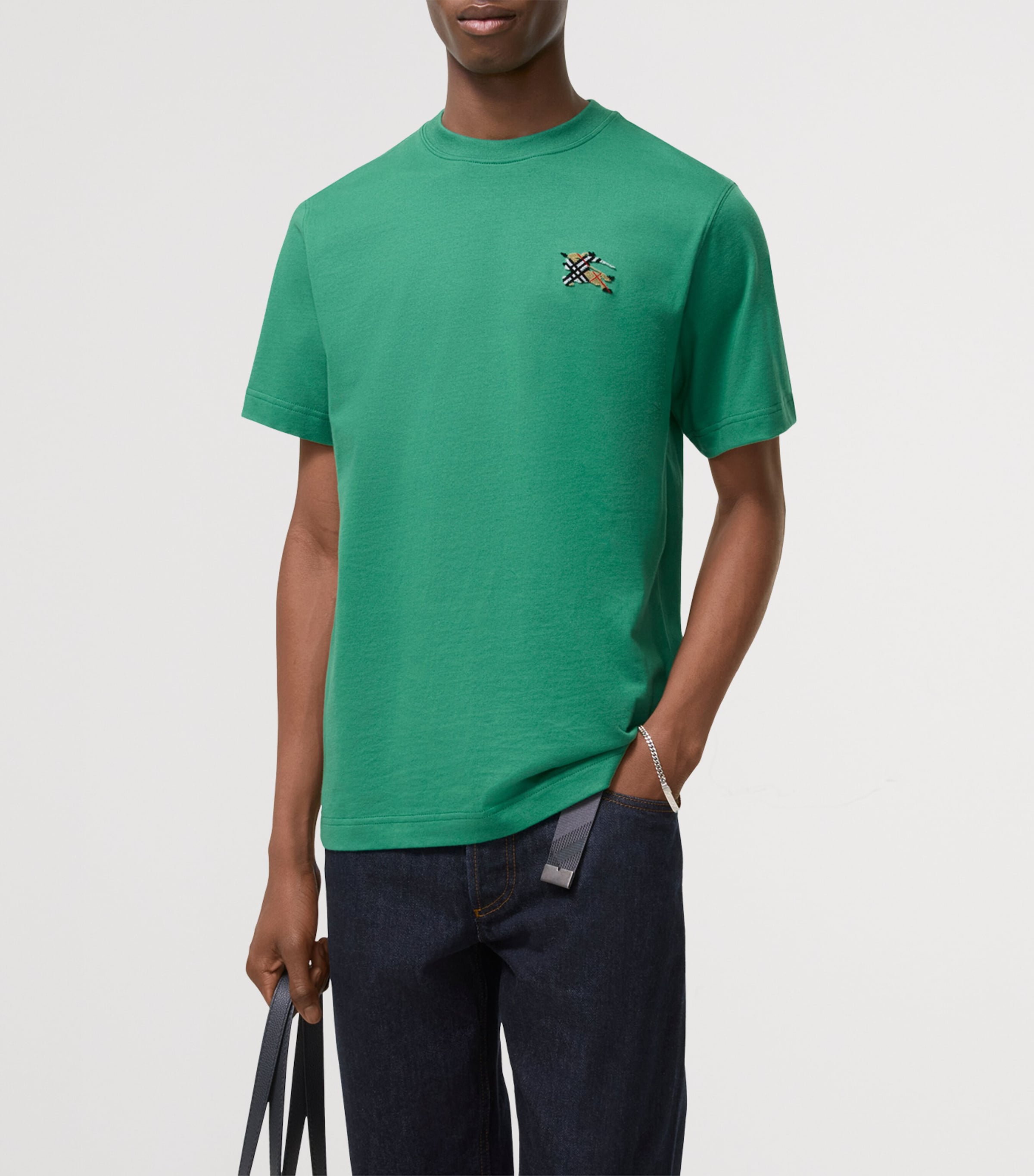 Burberry Mens Cotton Check EKD Slim T-Shirt Jade Green Image 2