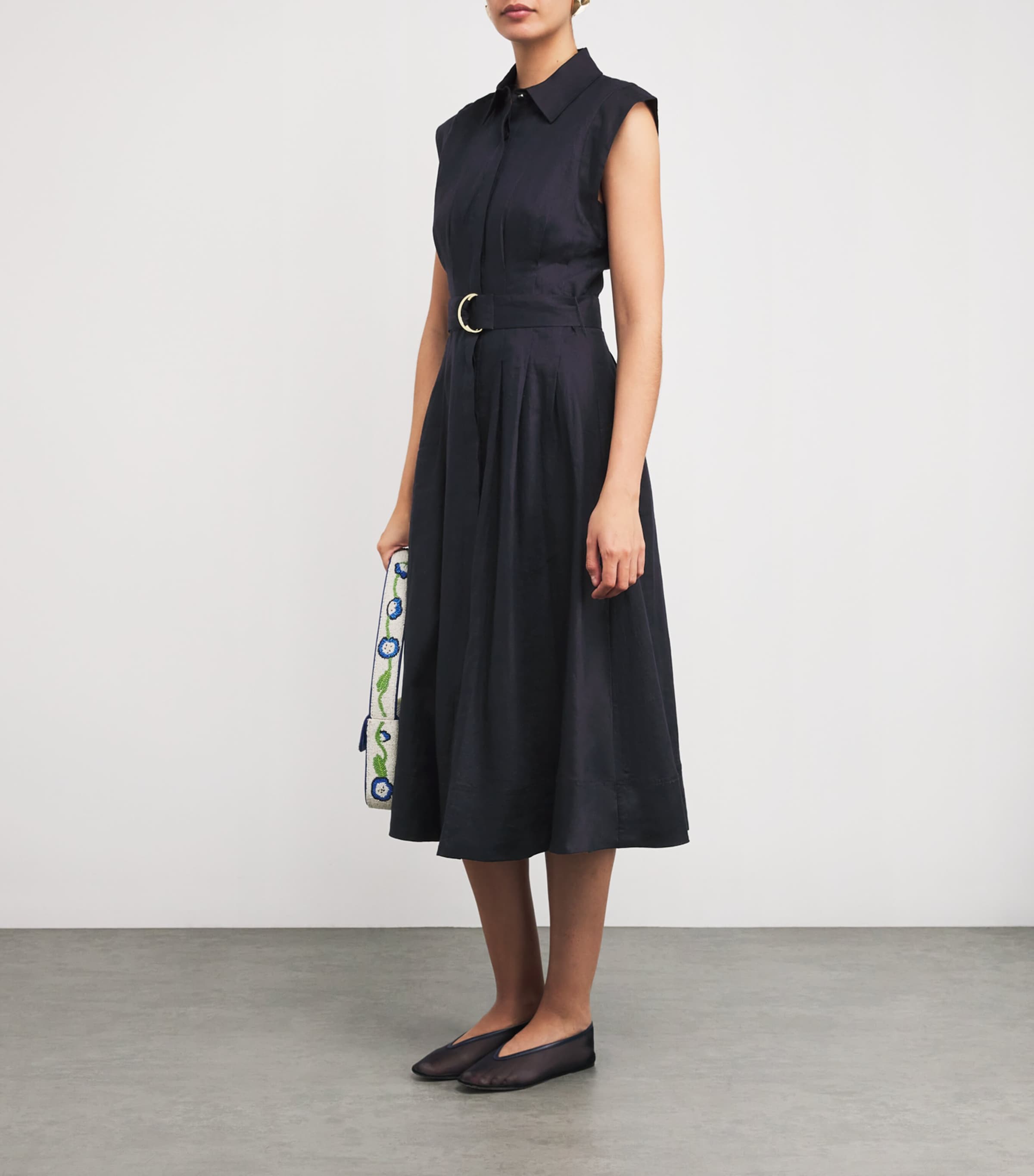 Veronica Beard Navy Linen Loretta Midi Dress | Harrods US
