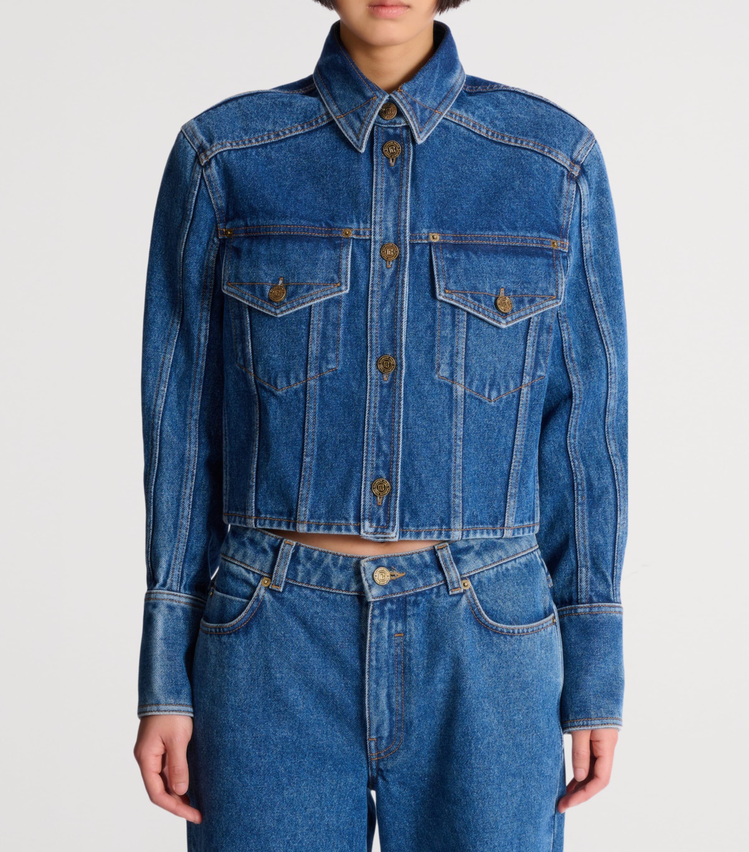 Cropped Faded Denim Jacket 6EX BLEU JEAN FONCE Image 8