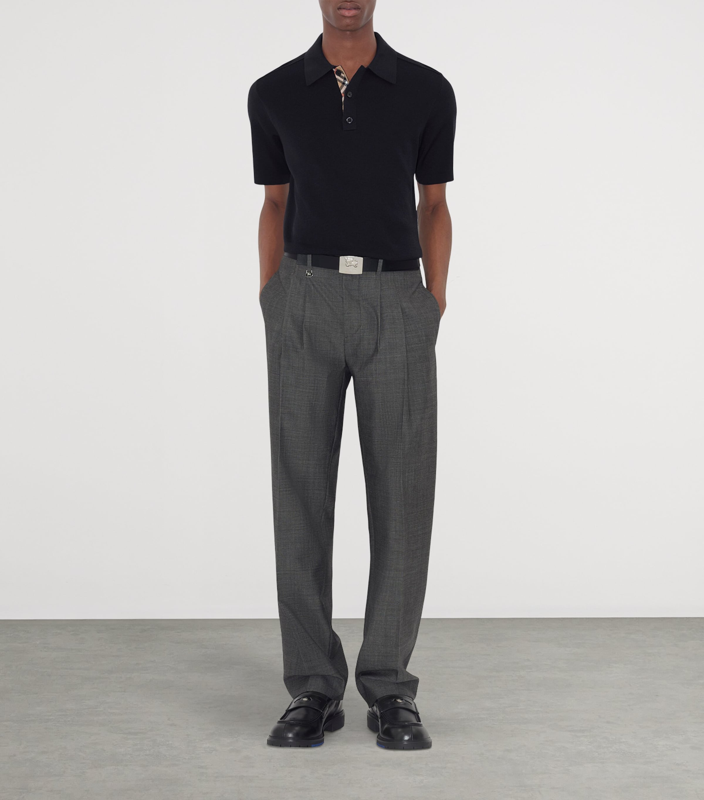 Wool Check-Detail Polo Shirt NAVY Image 2