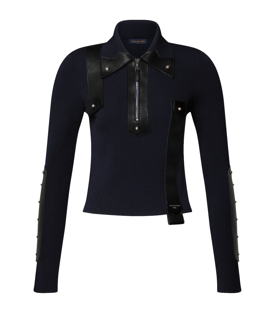 LOUIS VUITTON Womens Wool Leather-Accent Polo Shirt Dark Navy Blue Image 1