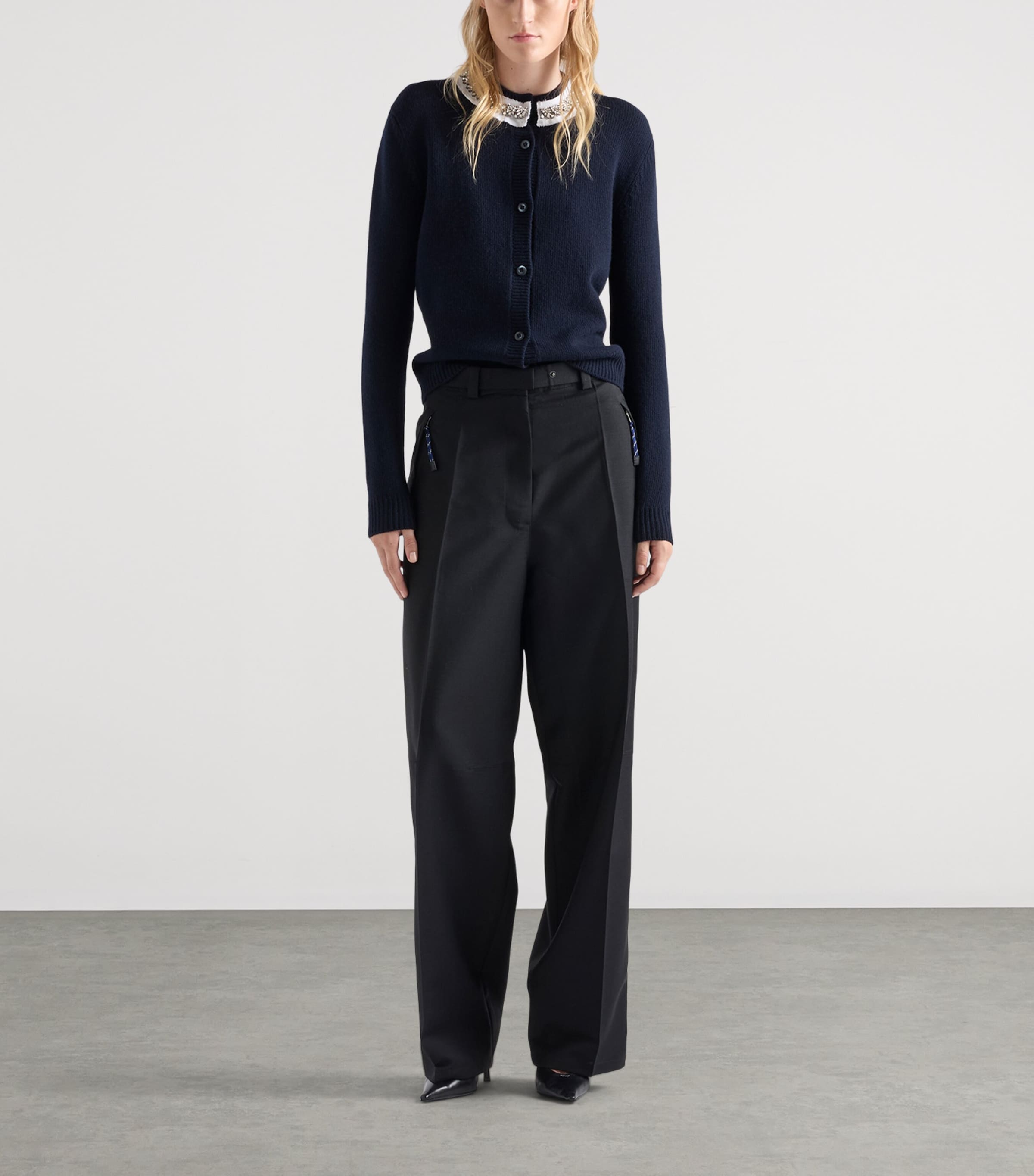 Prada Blue Wool-Cashmere Jewel-Neck Cardigan | Harrods UK