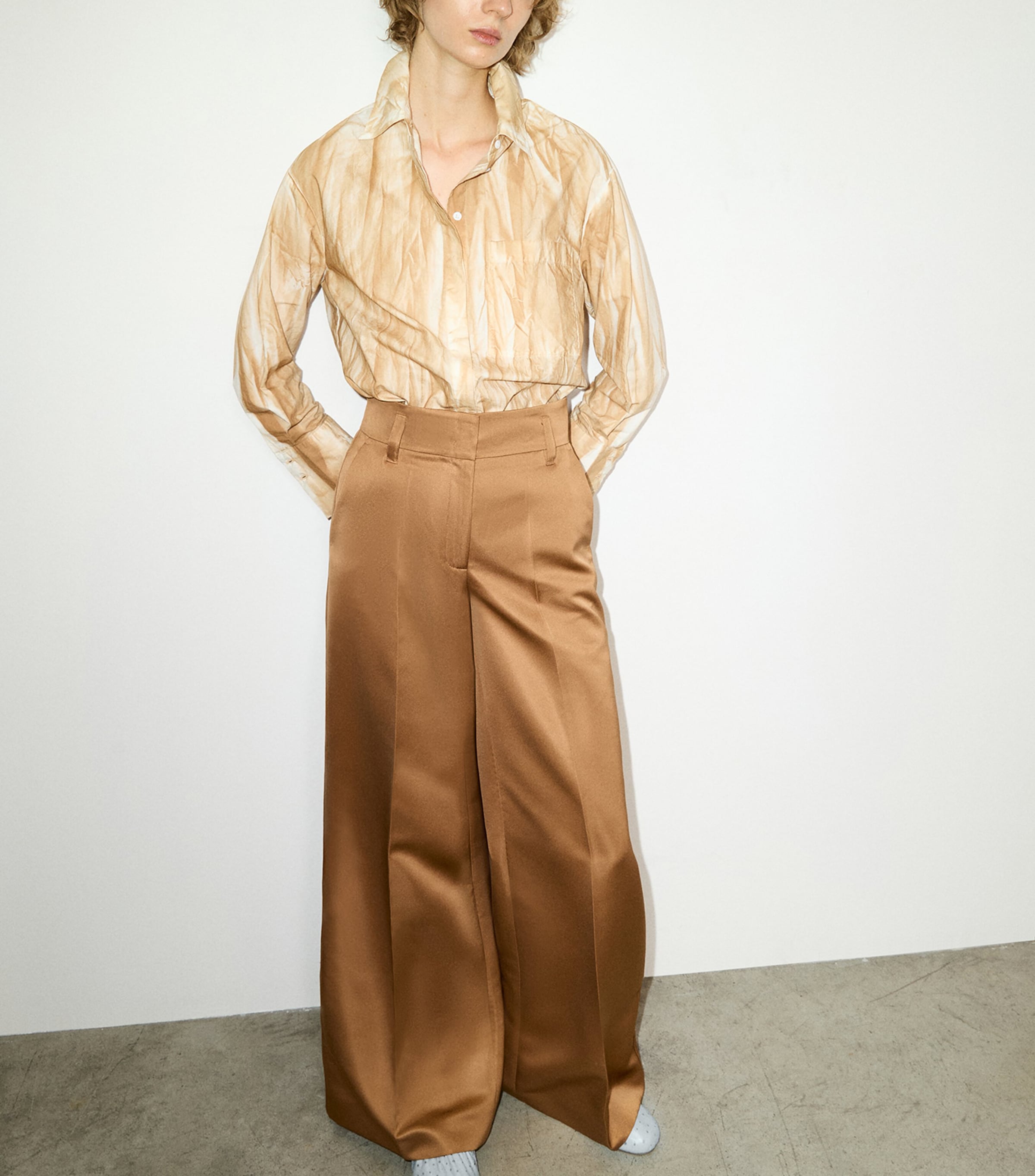 MAX&Co. Womens Satin Wide-Leg Trousers Beige Image 2