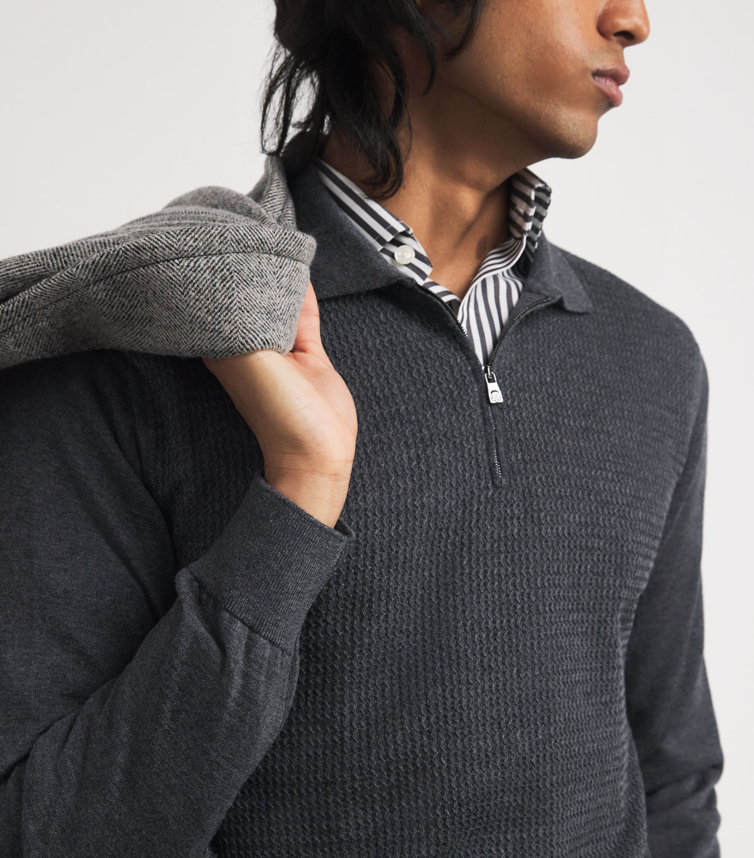 Virgin Wool Quarter-Zip Polo Sweater 14 GREY MELANGE Image 6