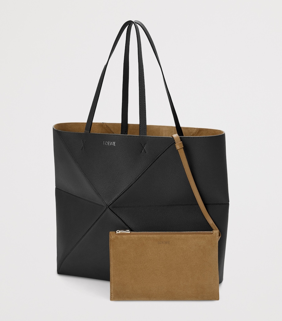 Large Leather Puzzle Fold Tote Bag BLACK Image 6