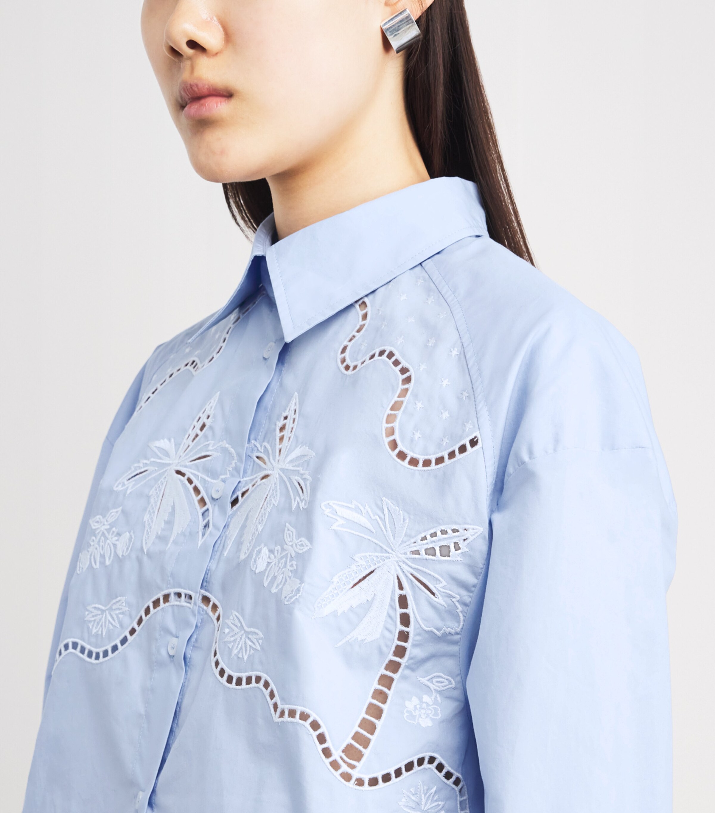 Sandro Paris Womens Cotton Embroidered Open-Work Shirt Sky Blue Image 3