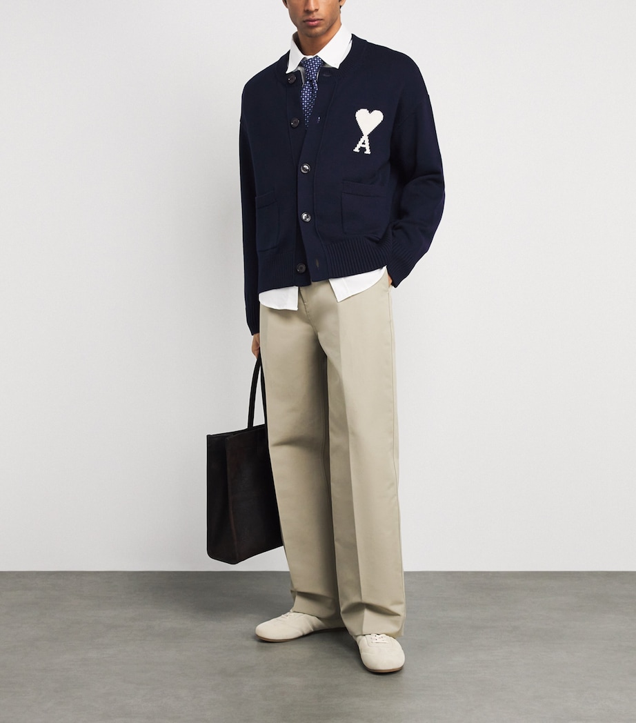 AMI Paris Mens Wool-Cotton Ami de Coeur Cardigan Encre/ecru Image 2