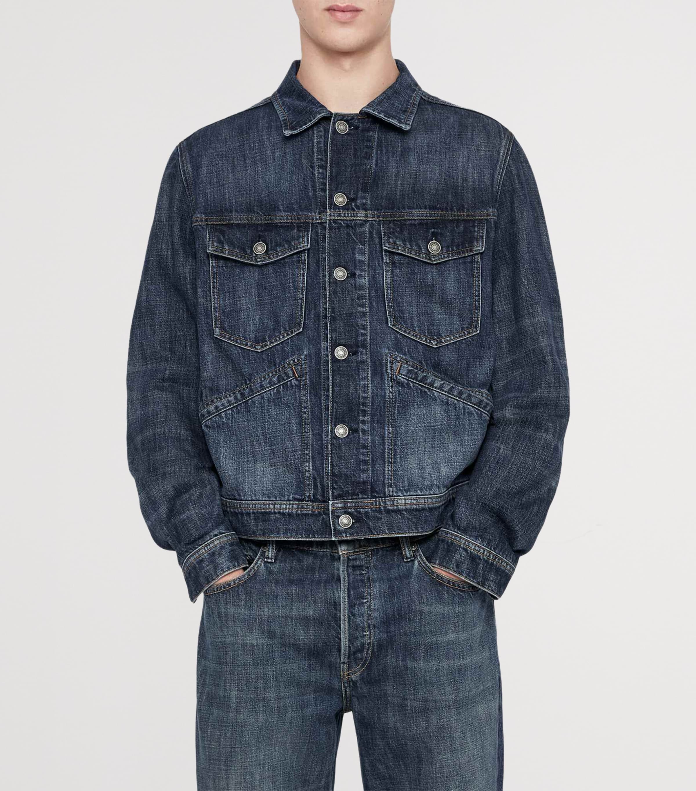 AllSaints Mens Denim Trucker Jacket Dark Indigo Image 3