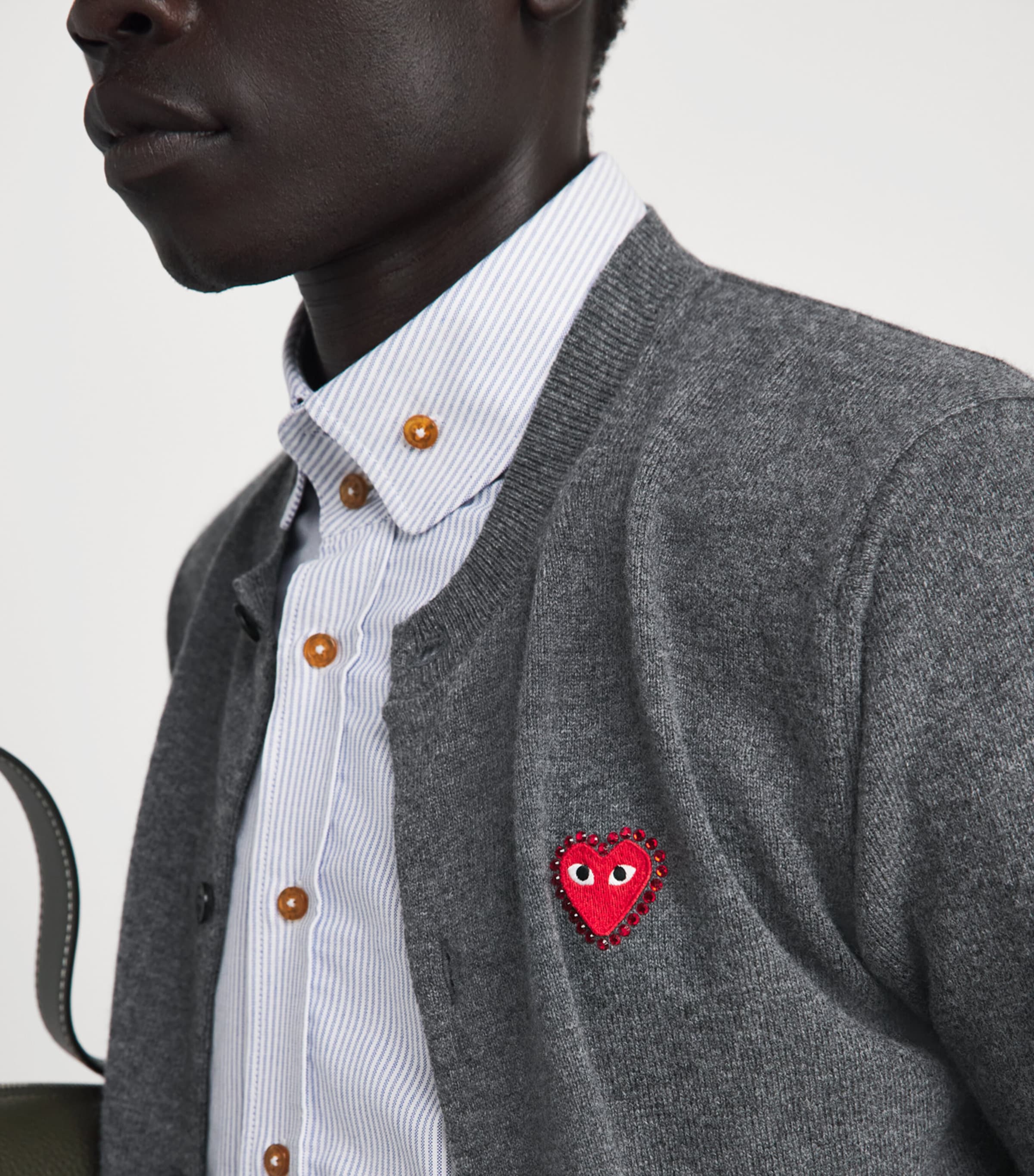 Comme Des Garçons Play Mens Wool Rhinestone Heart Cardigan Grey Image 3