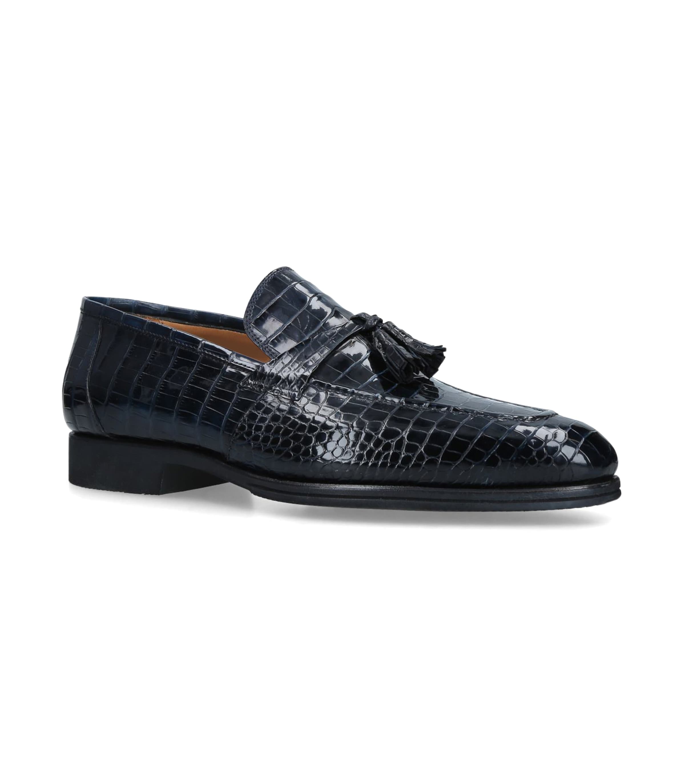 Brotini Crocodile Leather Tassel Loafers In Navy