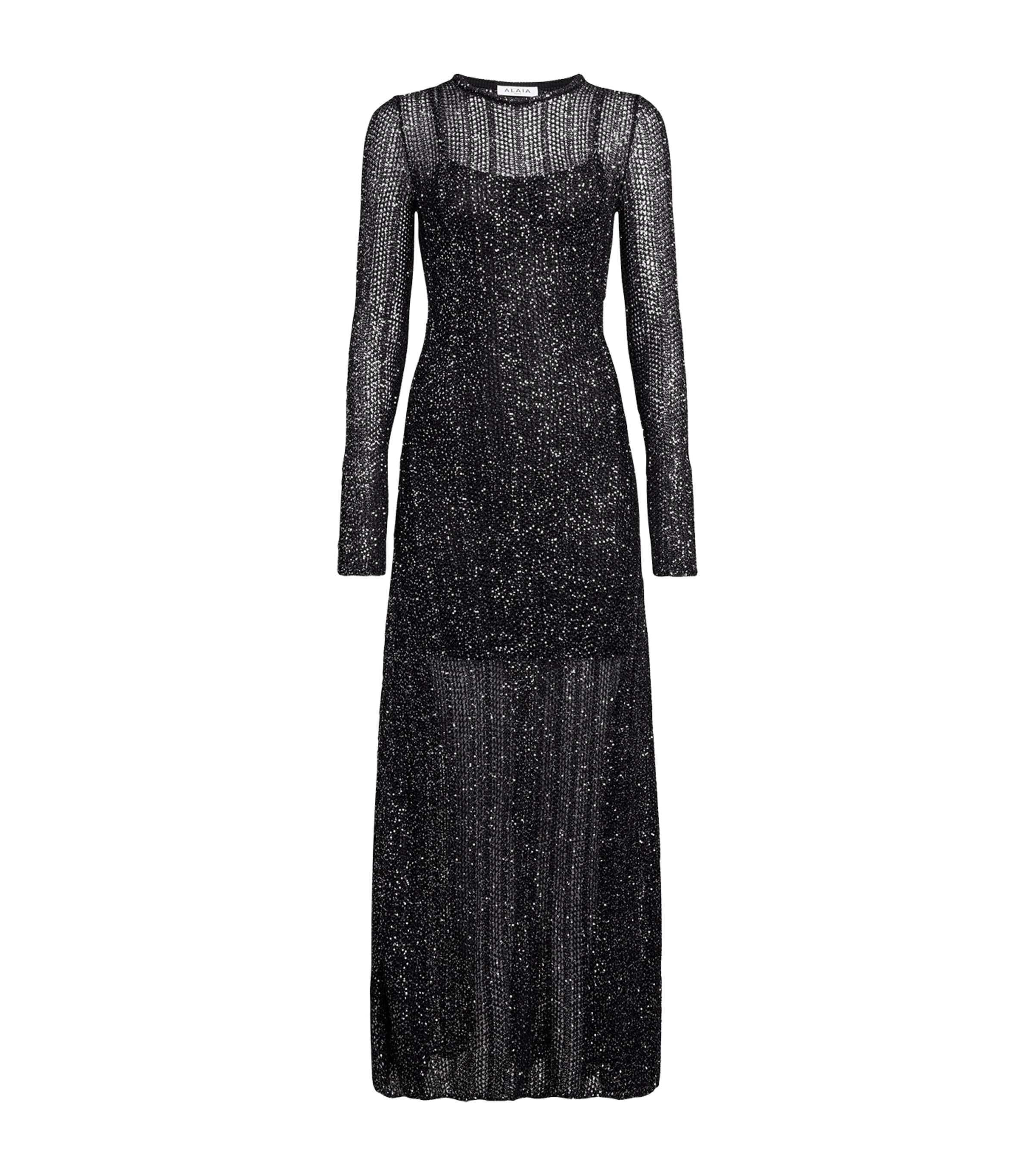 Alaïa Long-sleeve Sequinned Maxi Dress In Noirargent