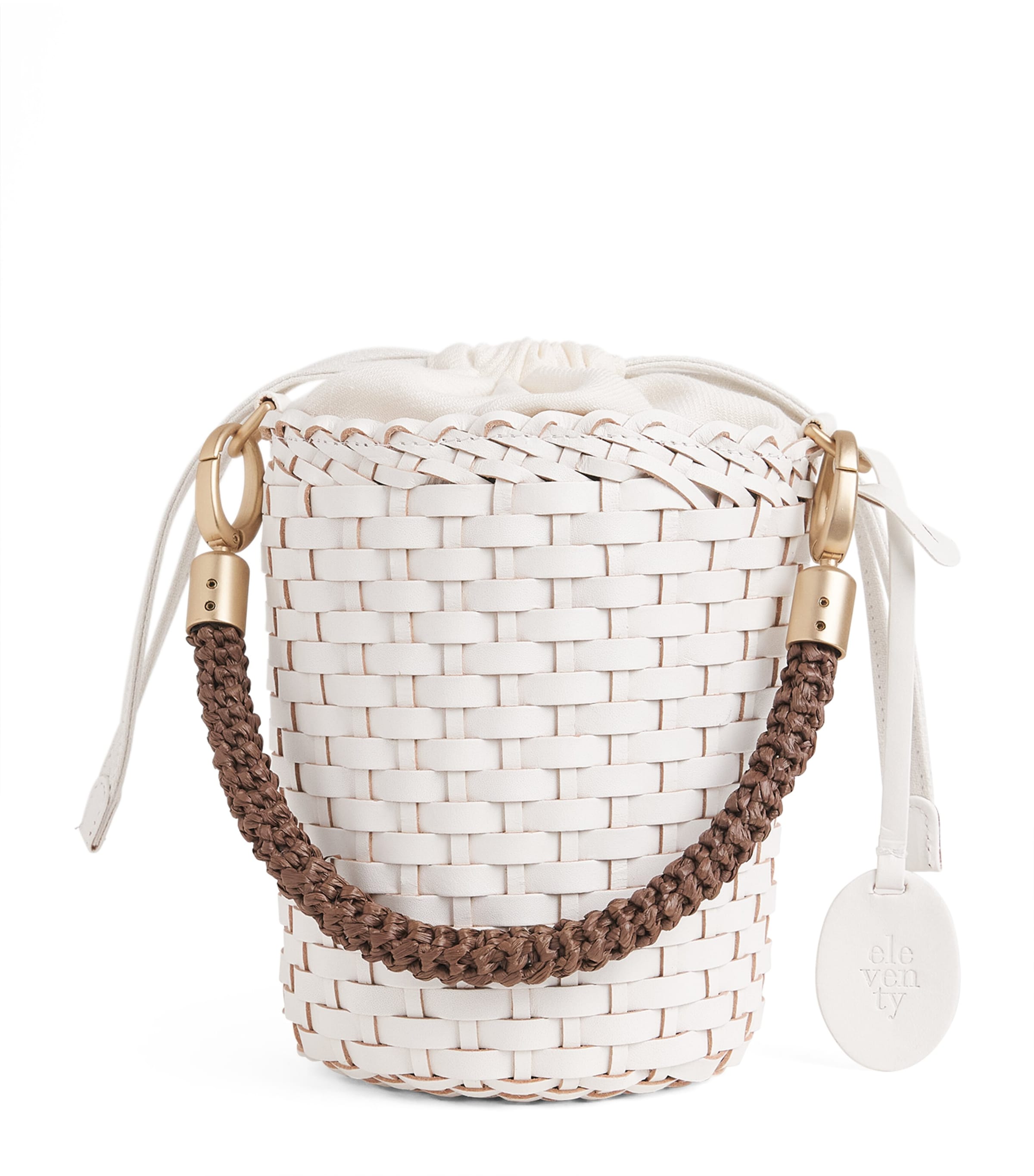 Eleventy Leather Woven Bucket Bag Avorio