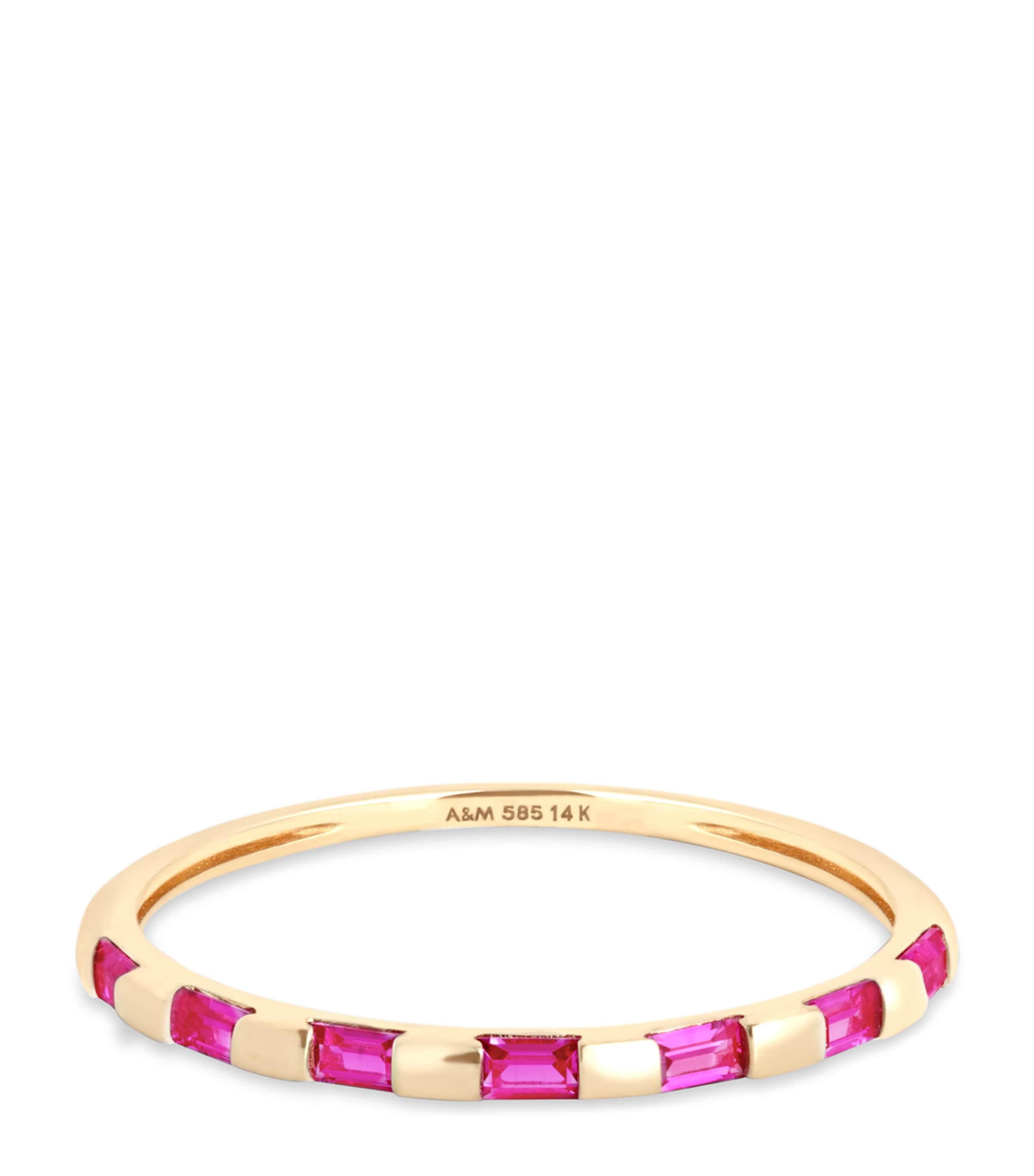 Astrid & Miyu Yellow Gold And Pink Sapphire Baguette Ring In Gold