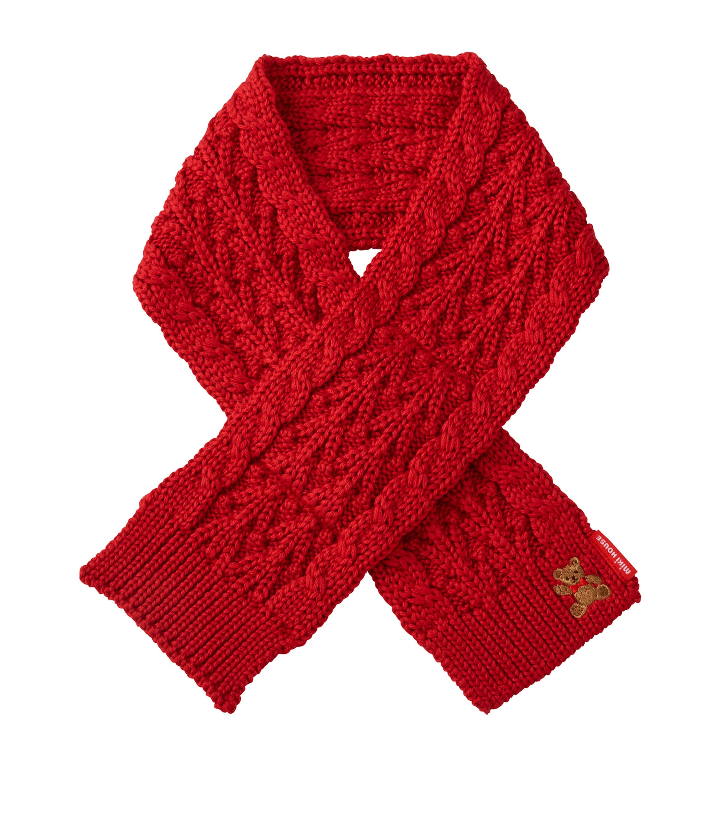 Miki House Kids' Cable-knit Bear-embroidered Scarf In Red