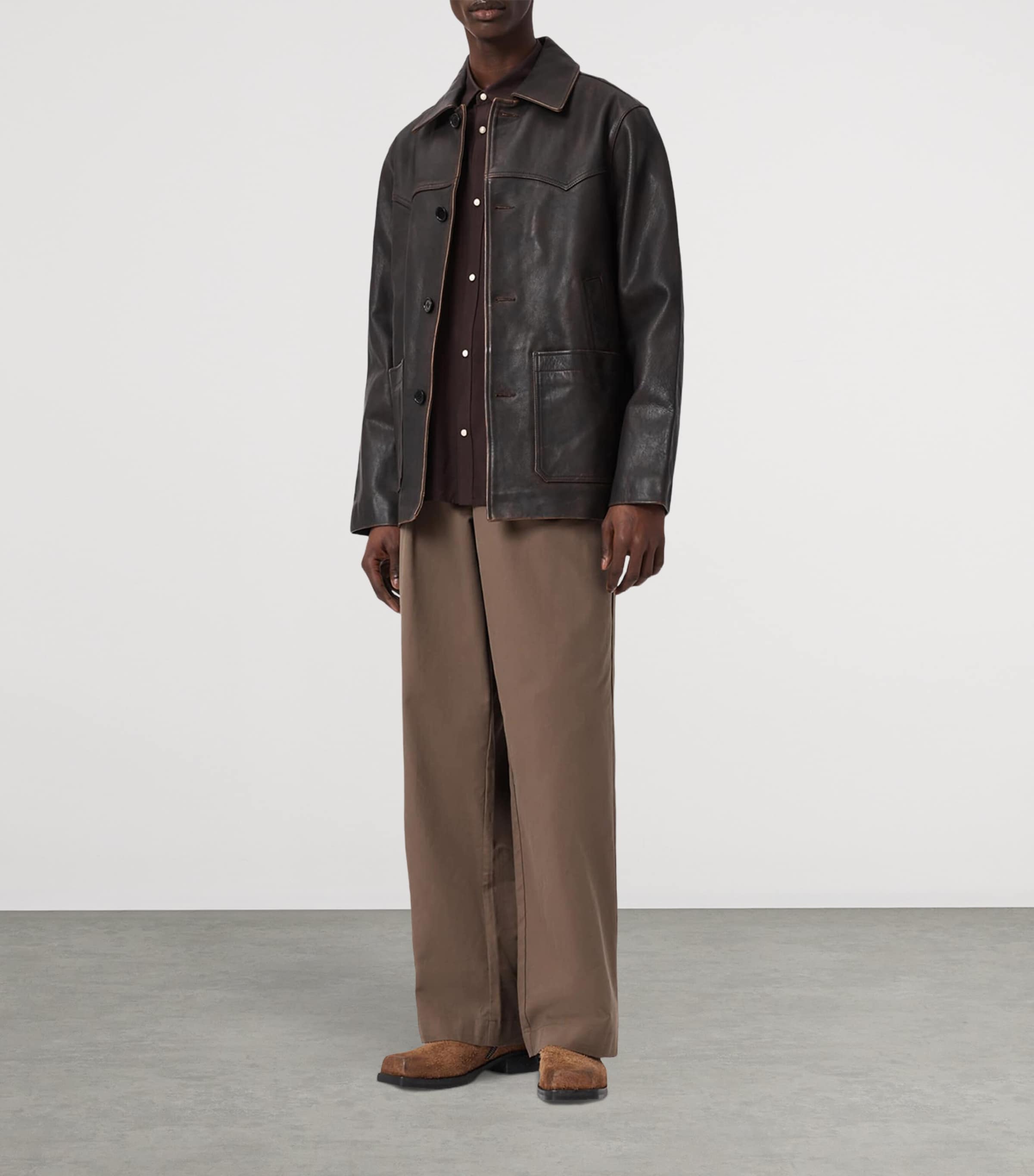 AllSaints Mens Hartwell Leather Jacket Cognac Brown Image 2