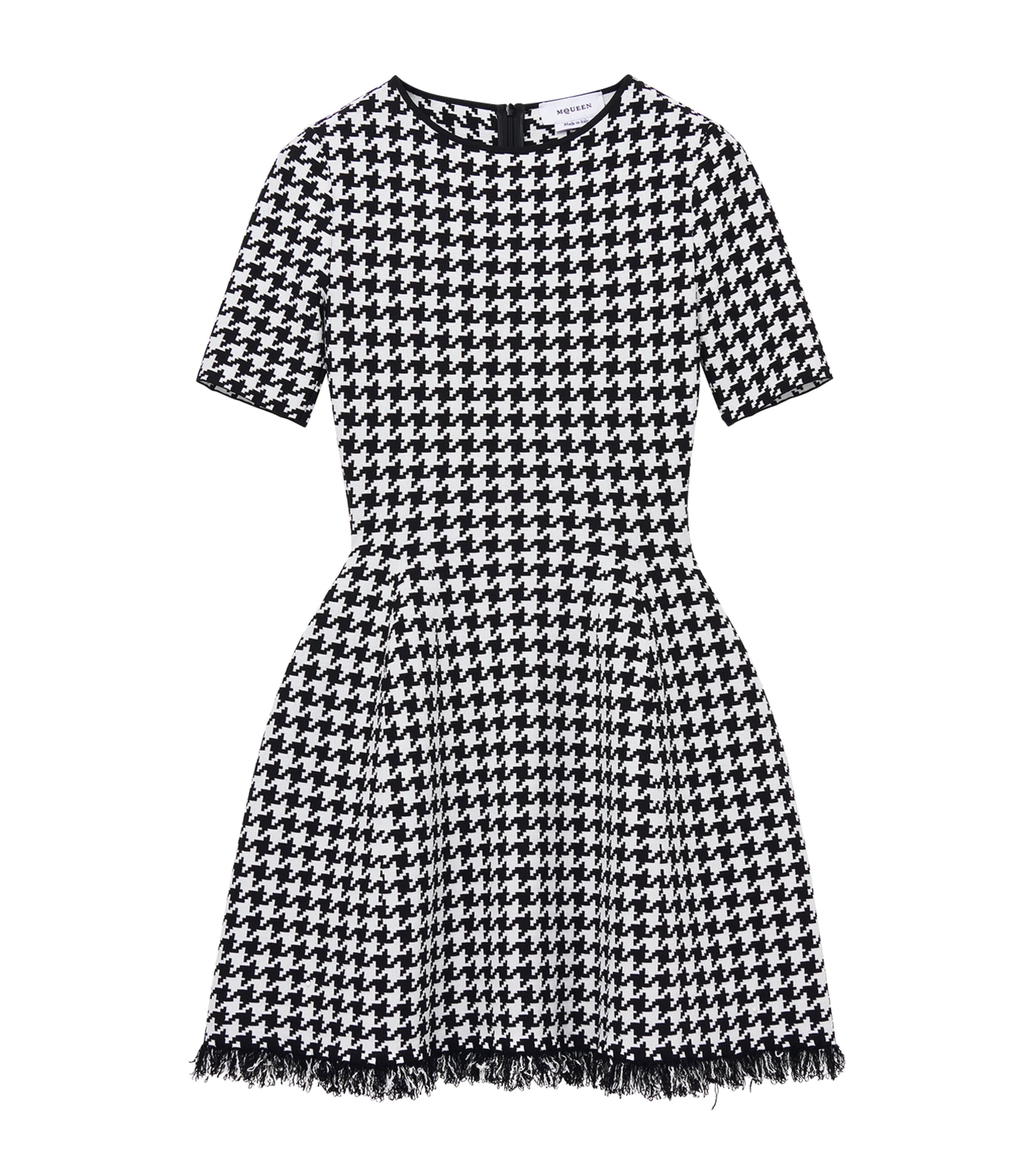 Alexander Mcqueen Fringe Trim Houndstooth Round Neckline Short Sleeves In Black