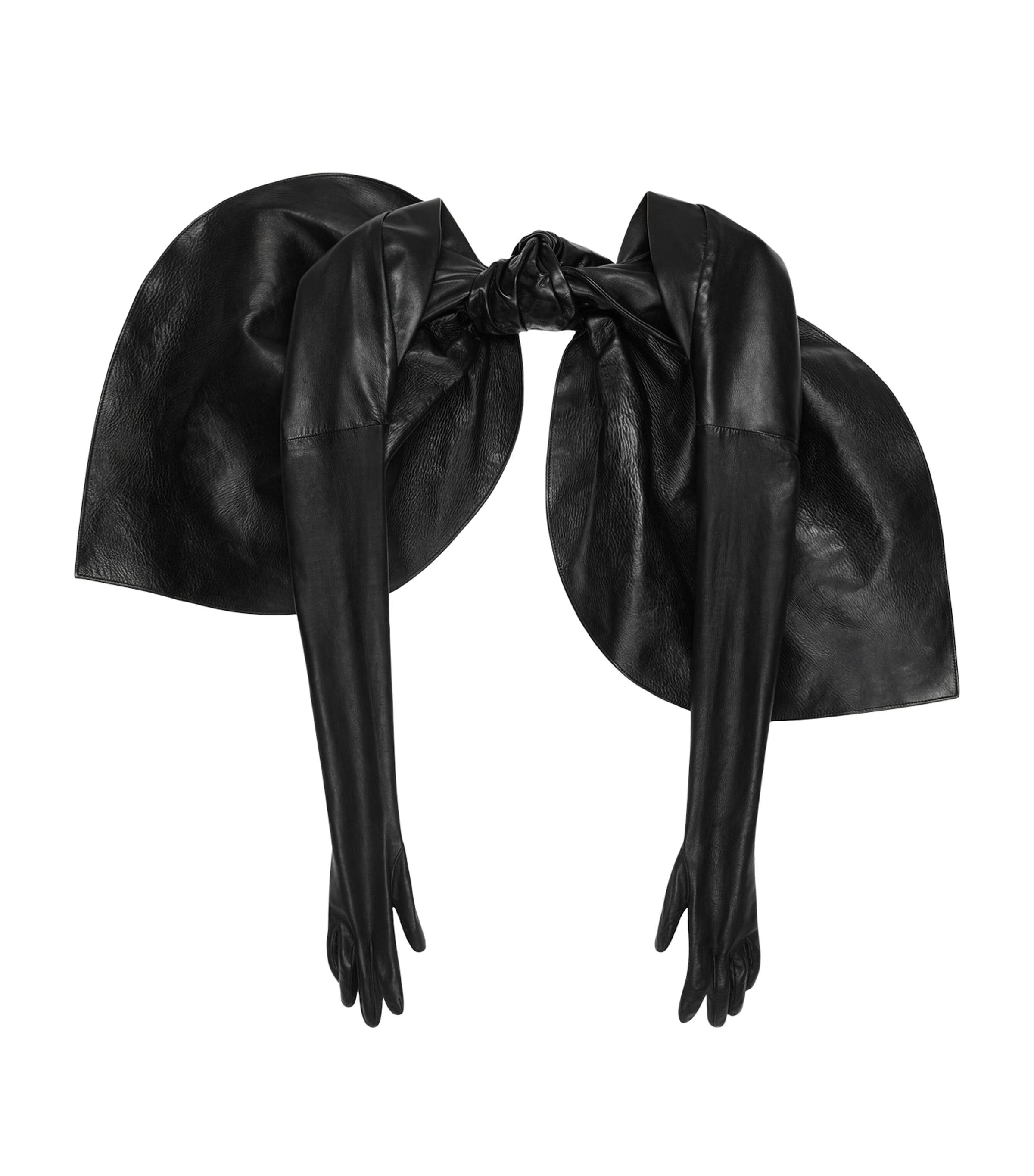 Leather Bow Full-Length Gloves BLACK Image 1