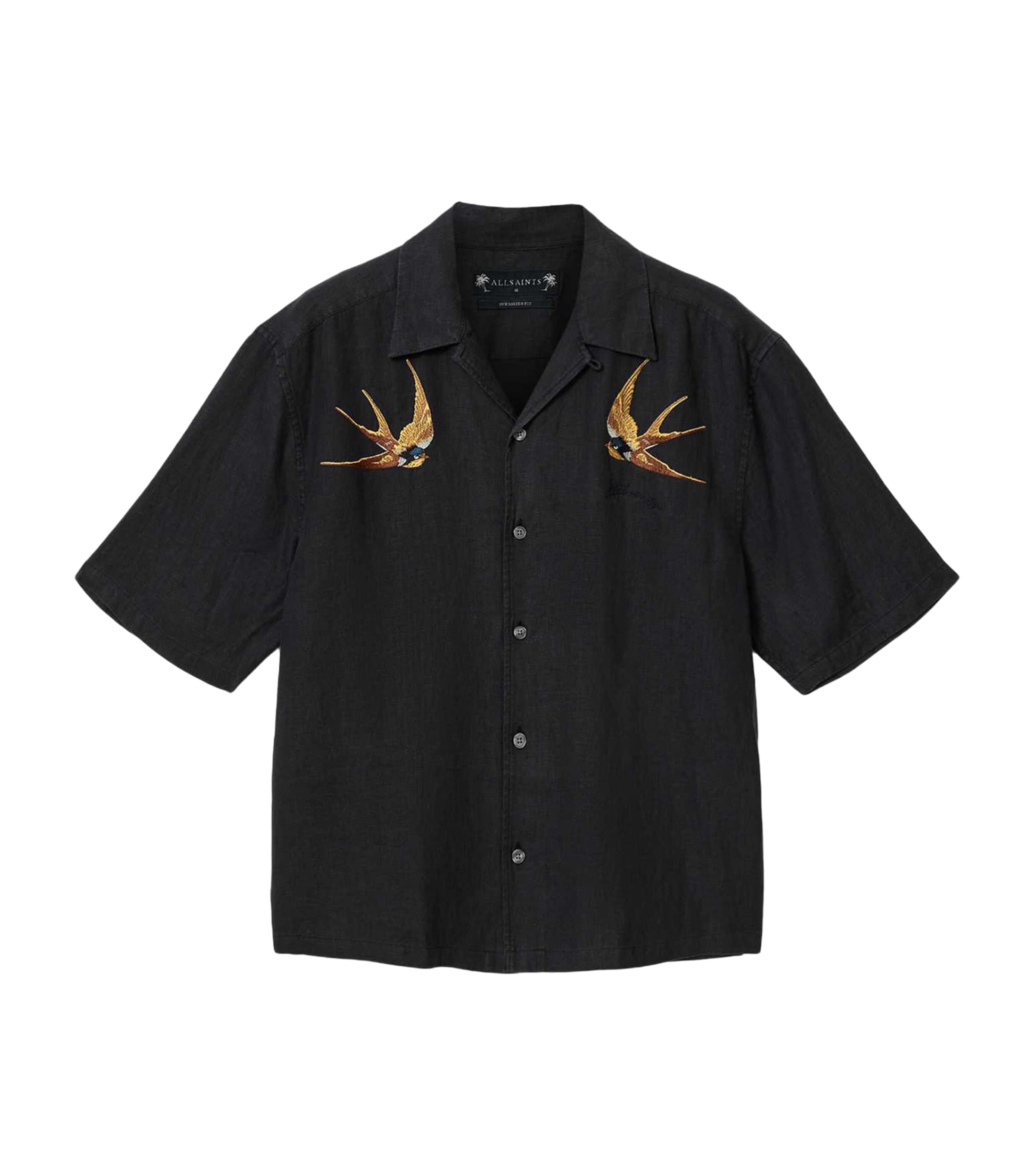 AllSaints Mens Linen Embroidered Avia Shirt Orca Black Image 1