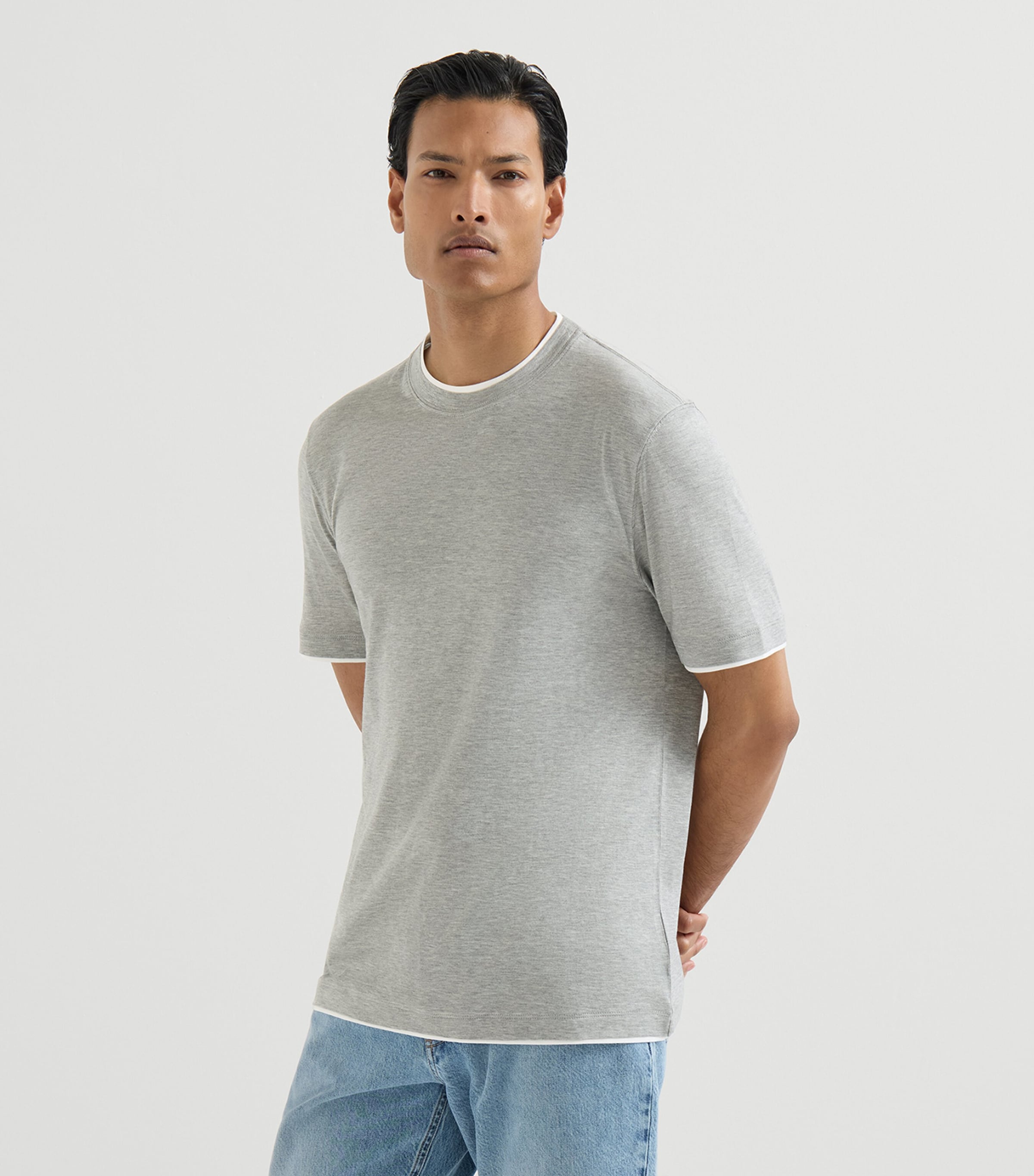 Brunello Cucinelli Mens Silk-Cotton Faux-Layered T-Shirt Grey Image 2