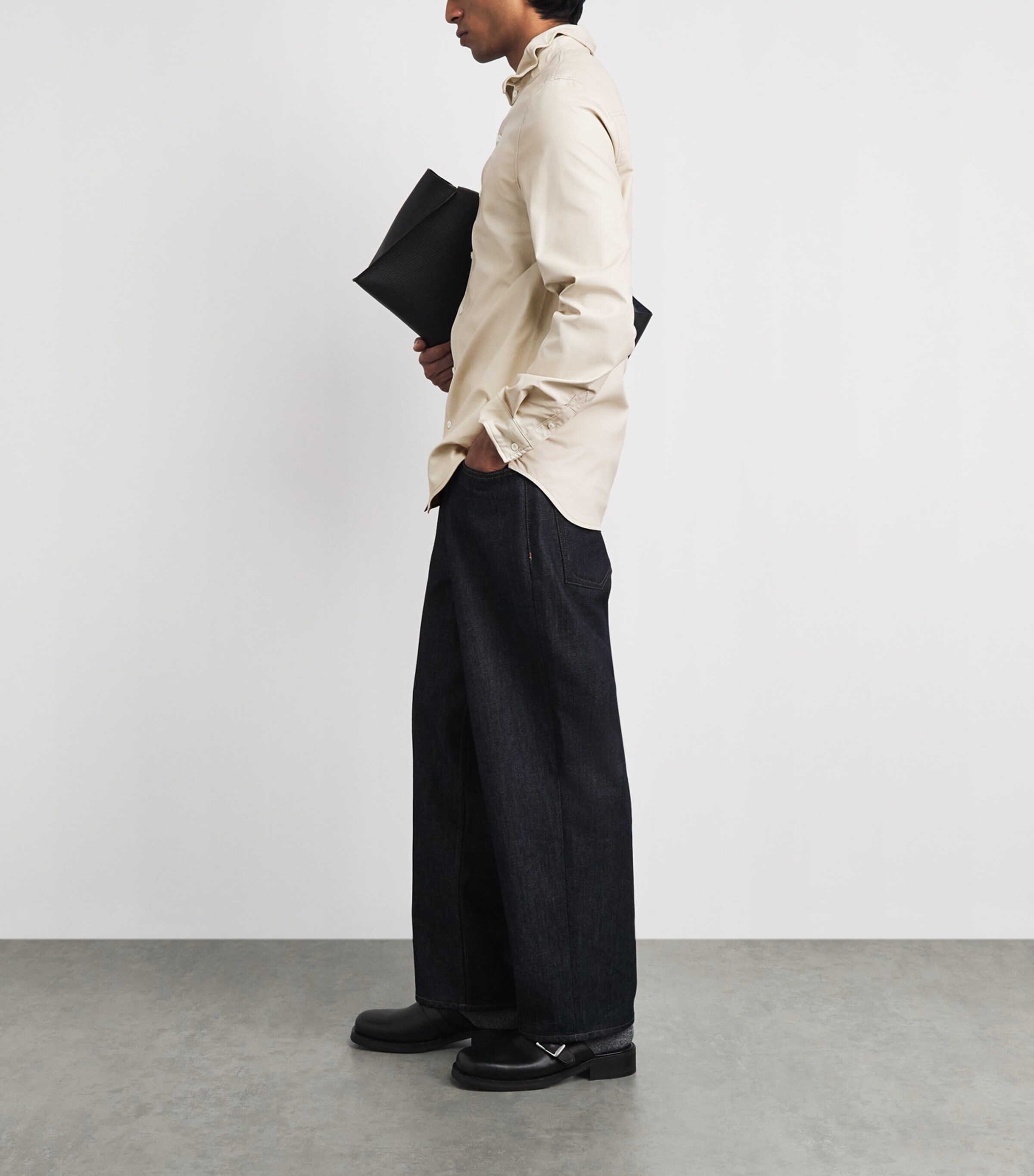 System Mens Faux Leather Shirt Ecru Image 2