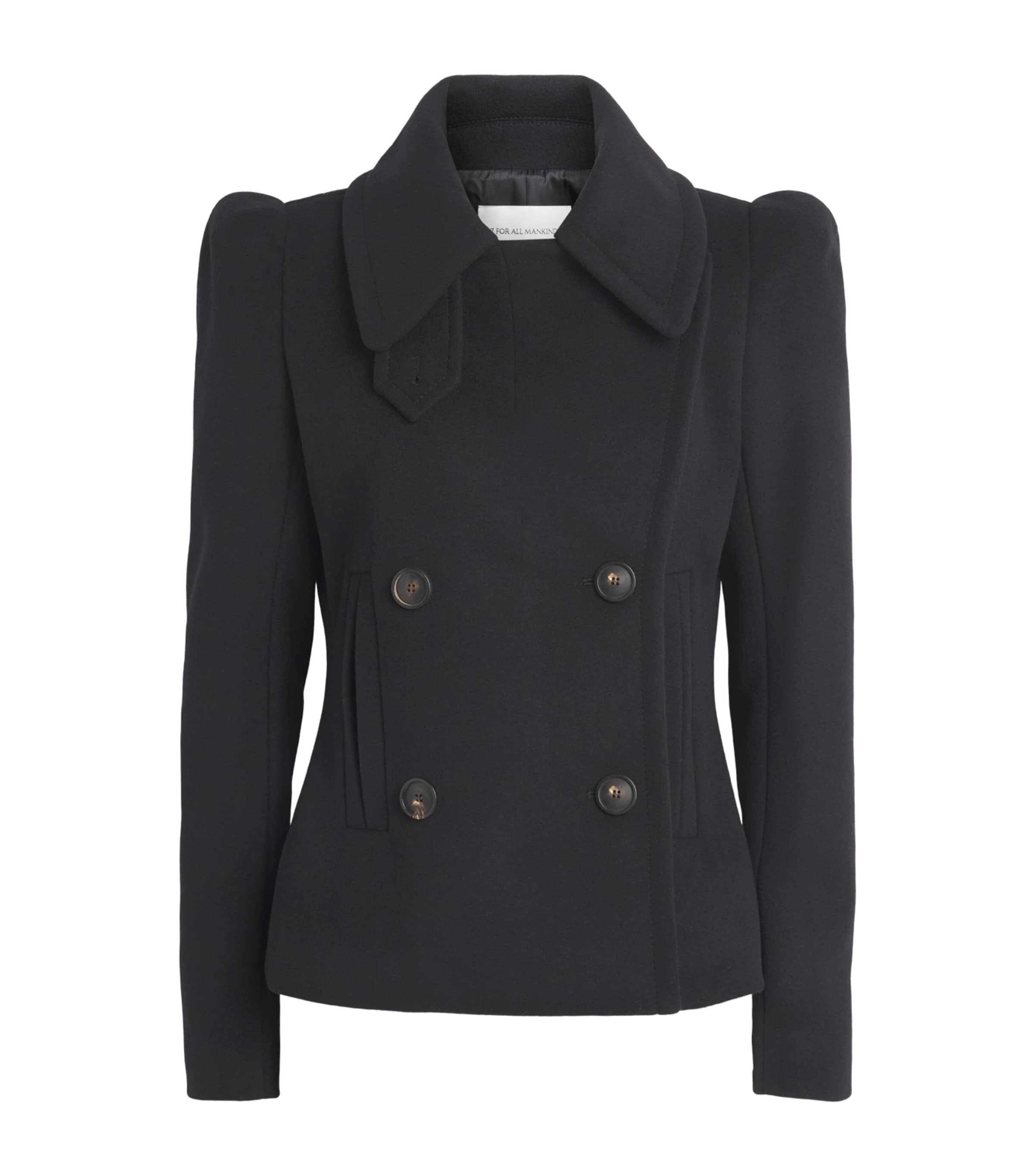 7 For All Mankind Wool-blend Double-breasted Fitted Blazer In Black