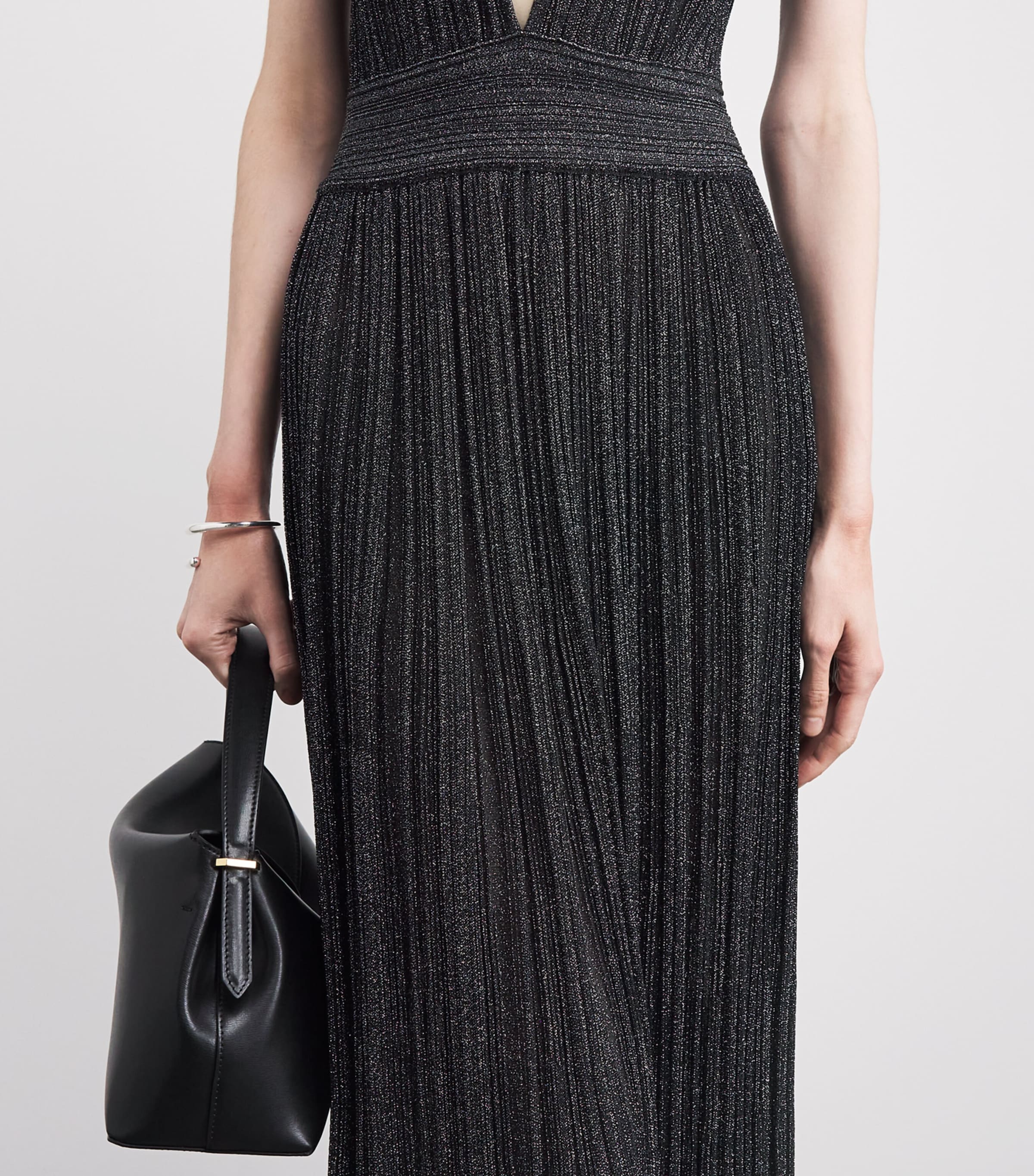 VALENTI Womens Knit Metallic V-Neck Maxi Dress Black Silver Image 5