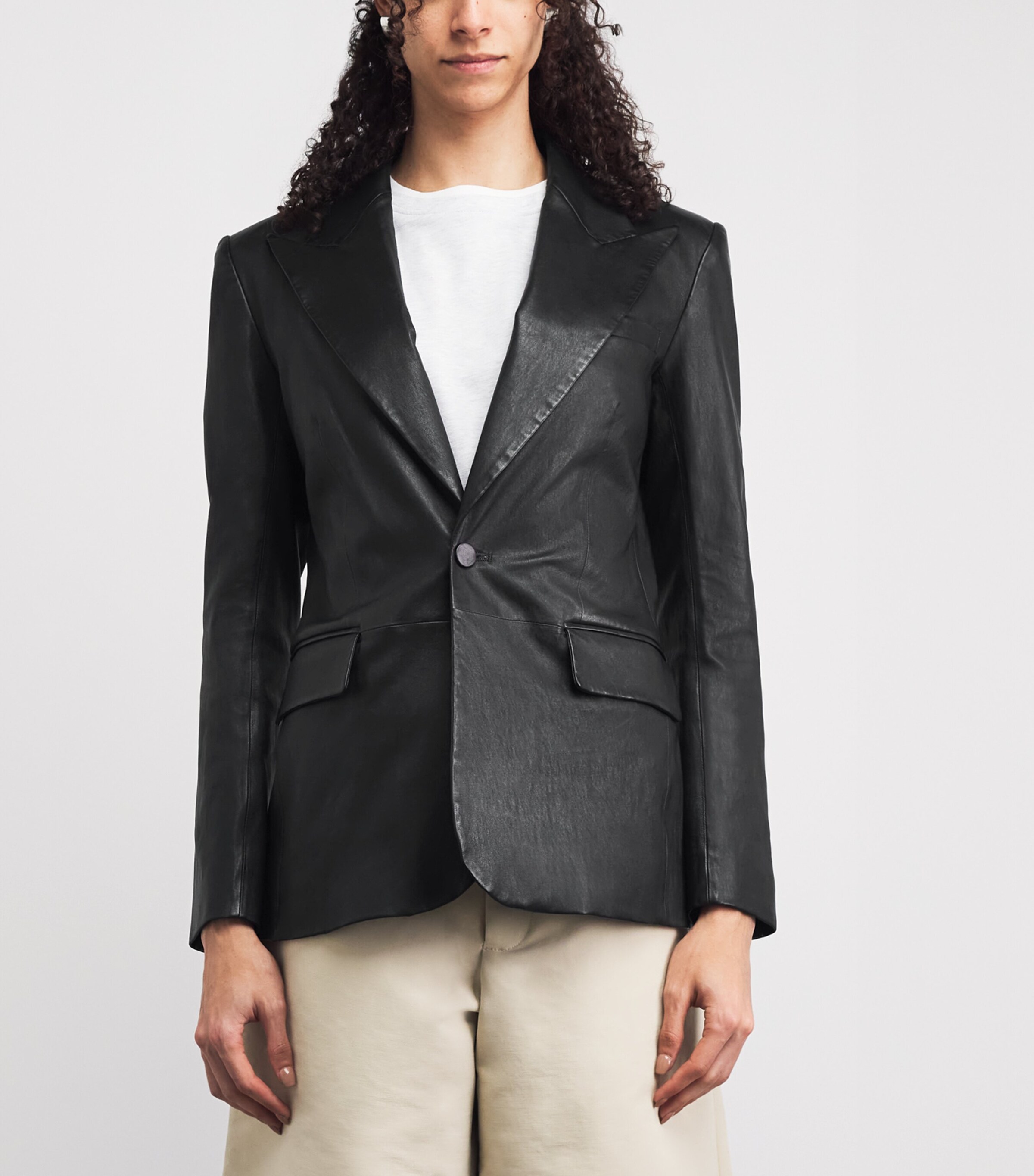 FRAME Womens Leather The Peak Lapel Blazer Black Image 4