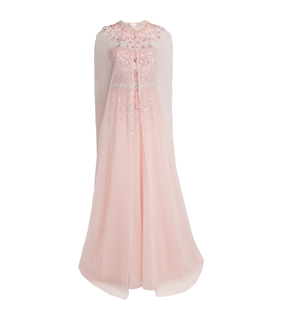Pamella Roland Womens Tulle Embellished Cape-Detail Gown Pink Multi Image 1